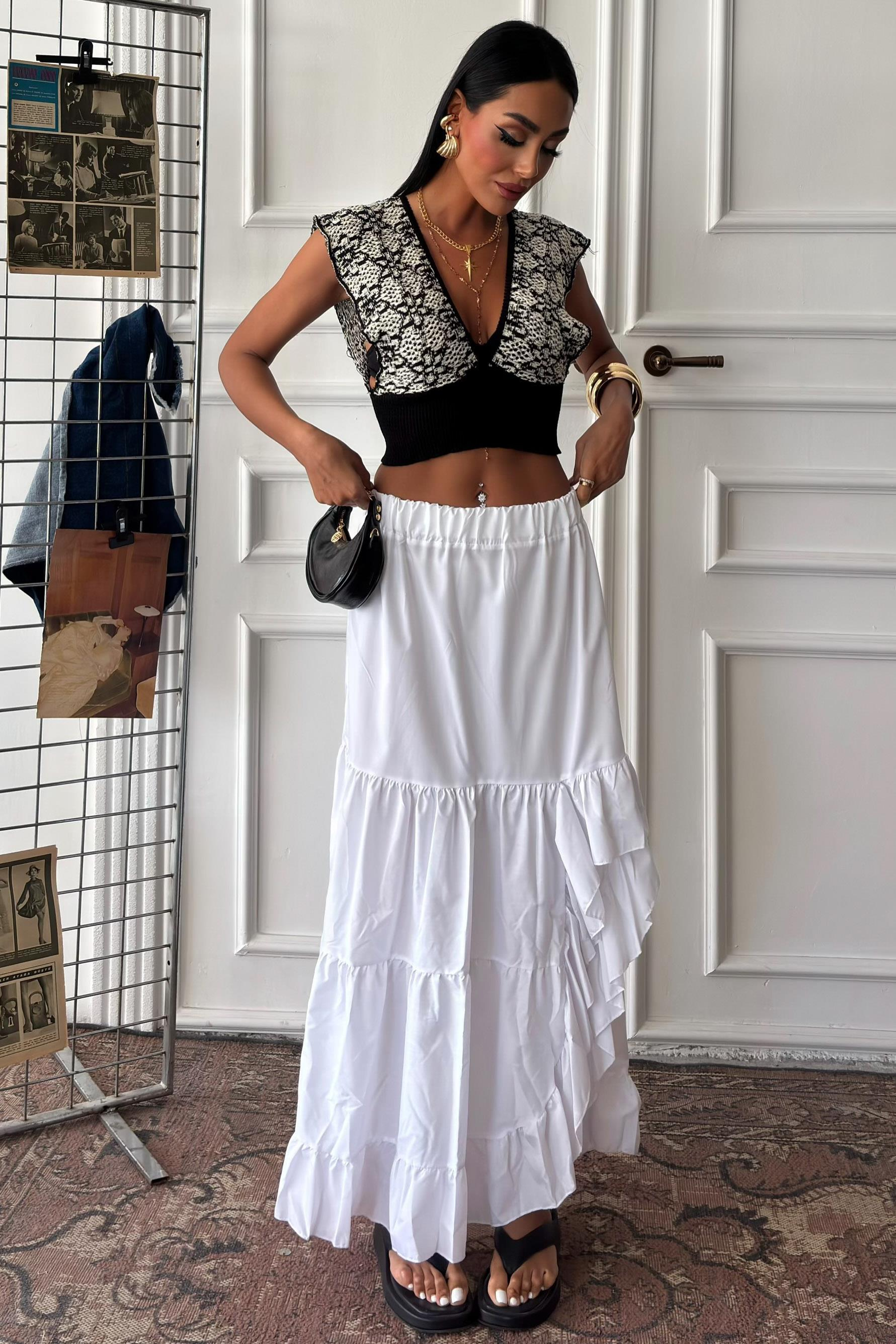 S4Y4037Audrey Fıfrlı Yırtmaç Detay Etek 4037