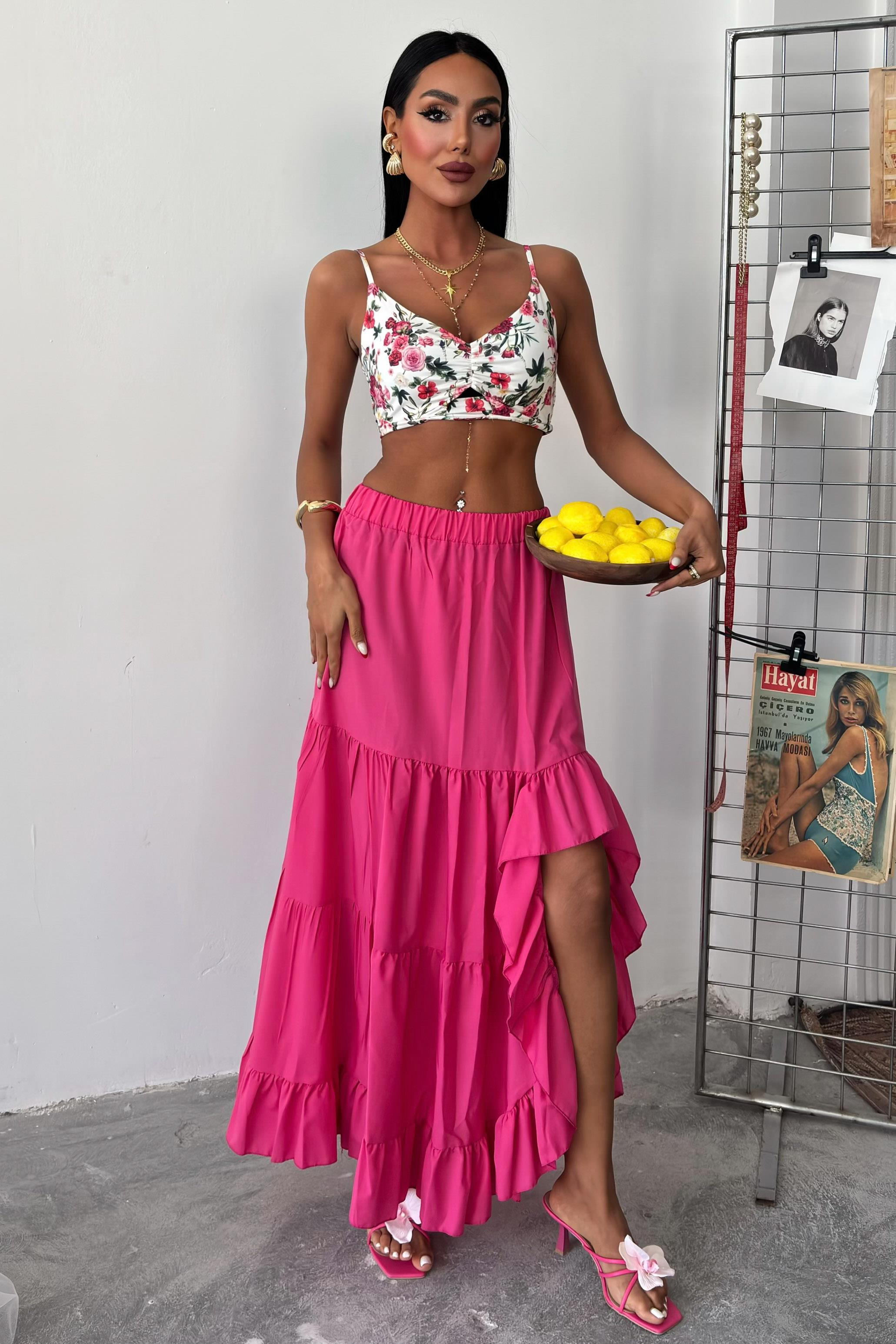 S4Y4037Audrey Fıfrlı Yırtmaç Detay Etek 4037