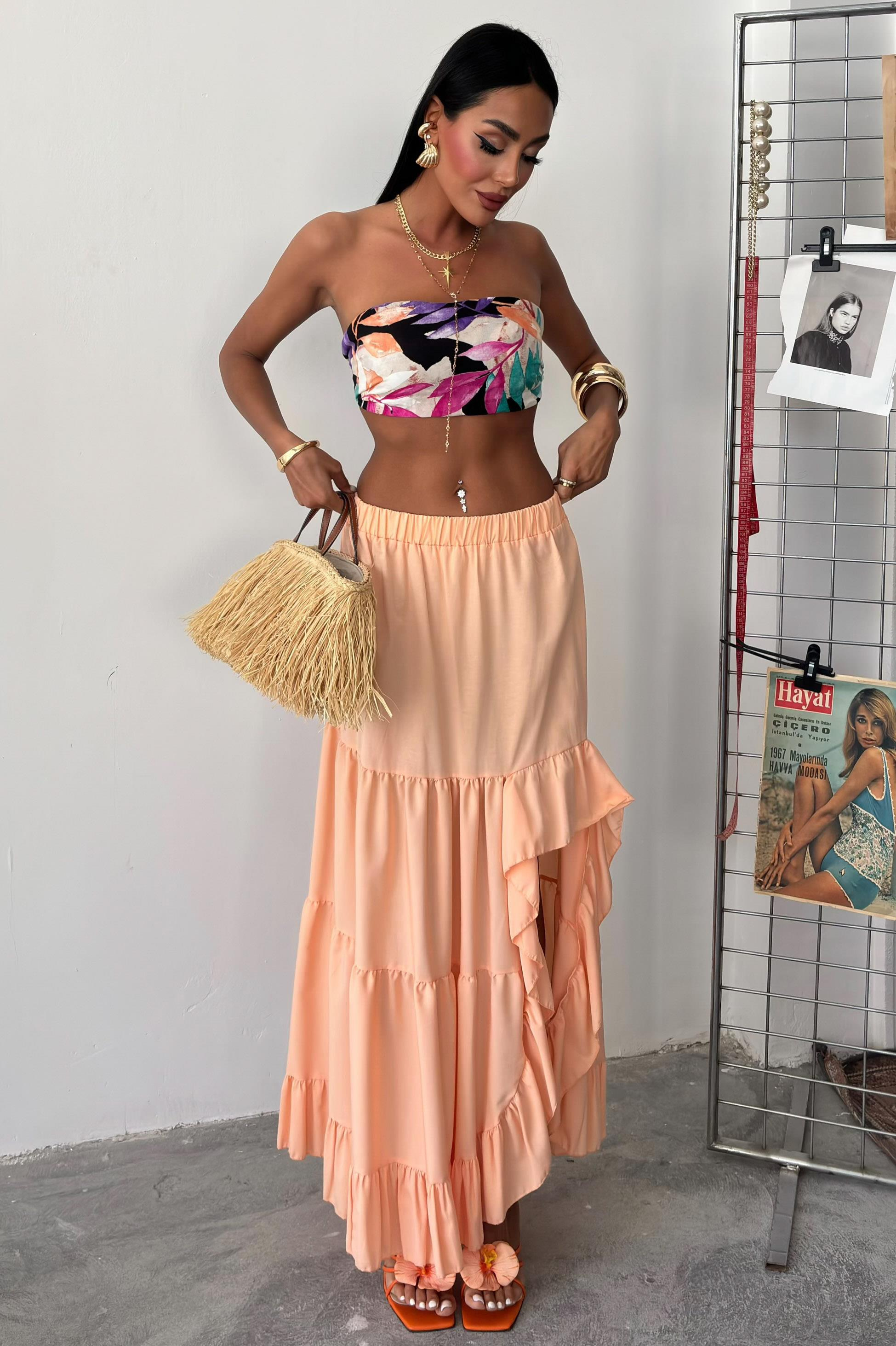 S4Y4037Audrey Fıfrlı Yırtmaç Detay Etek 4037