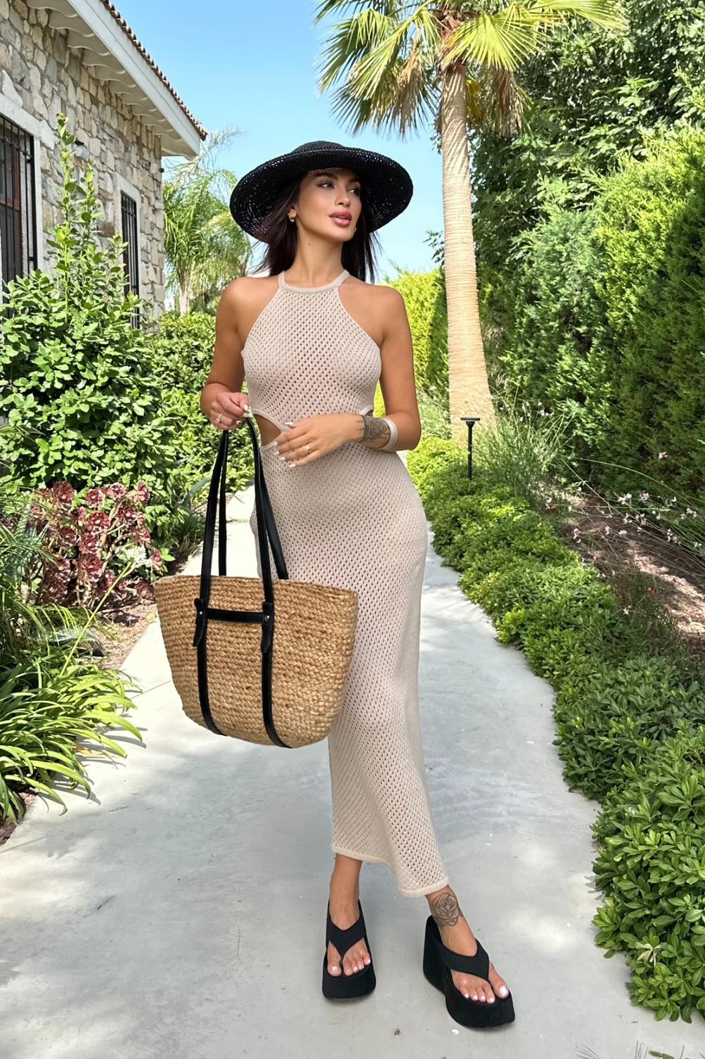 S4Y2767Aurelie Ajurlu Cut Out Elbise 2767