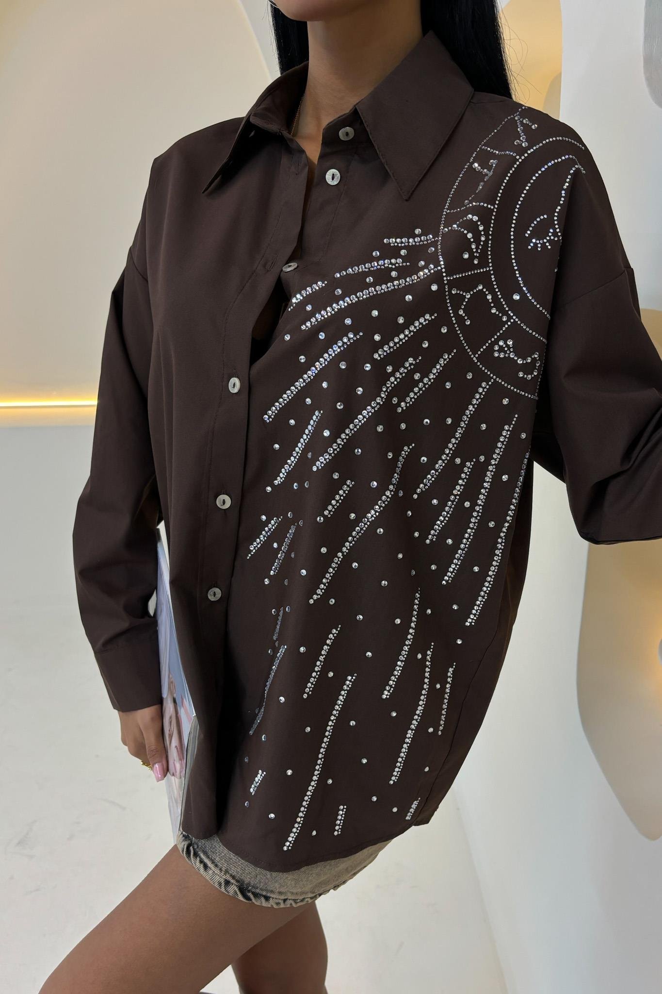 S5Y3440Ay Figürlü Taş İşlemeli Poplin Gömlek 3440