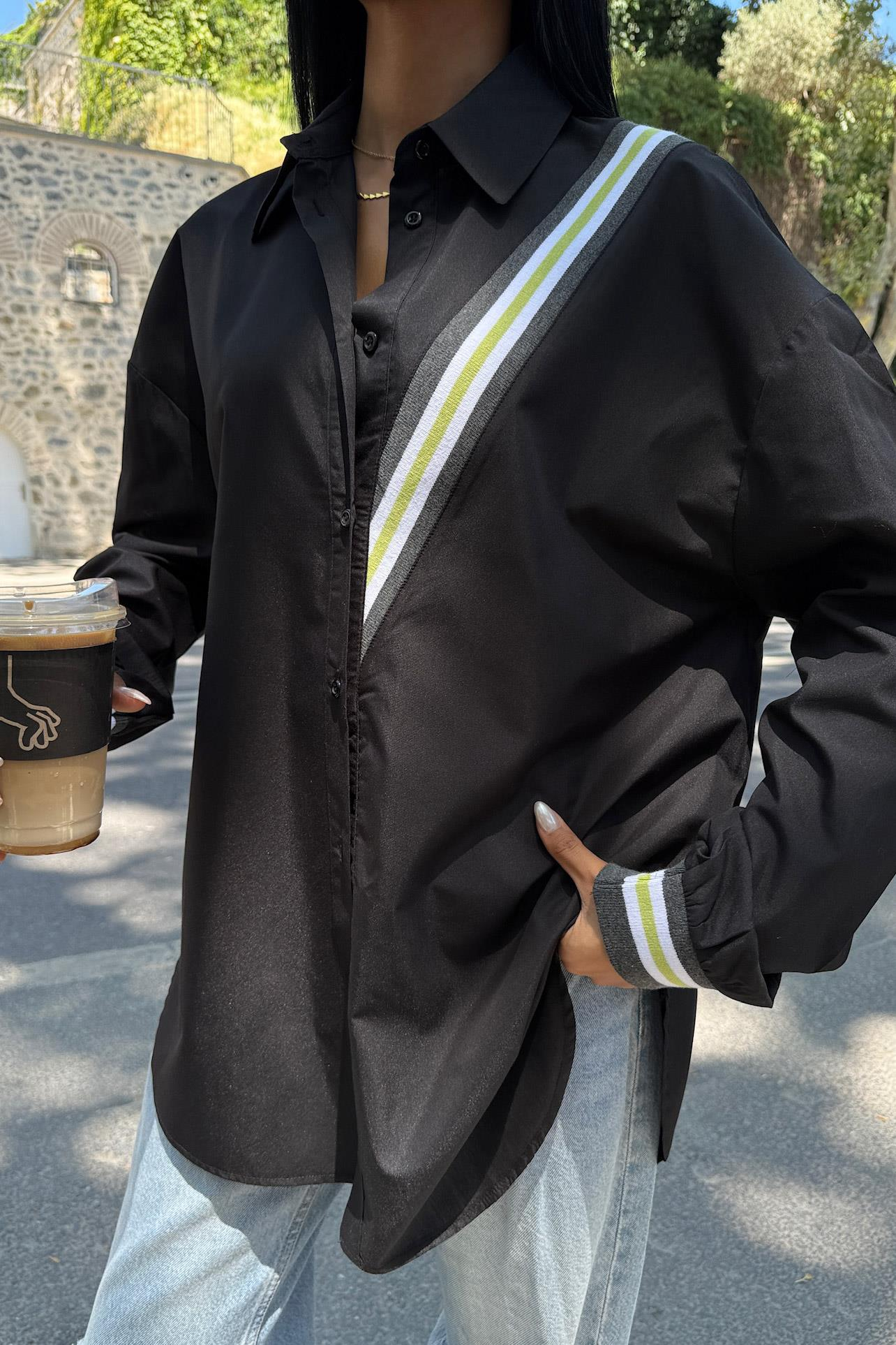 S5Y3436Bant Detaylı Oversize Poplin Gömlek 3436