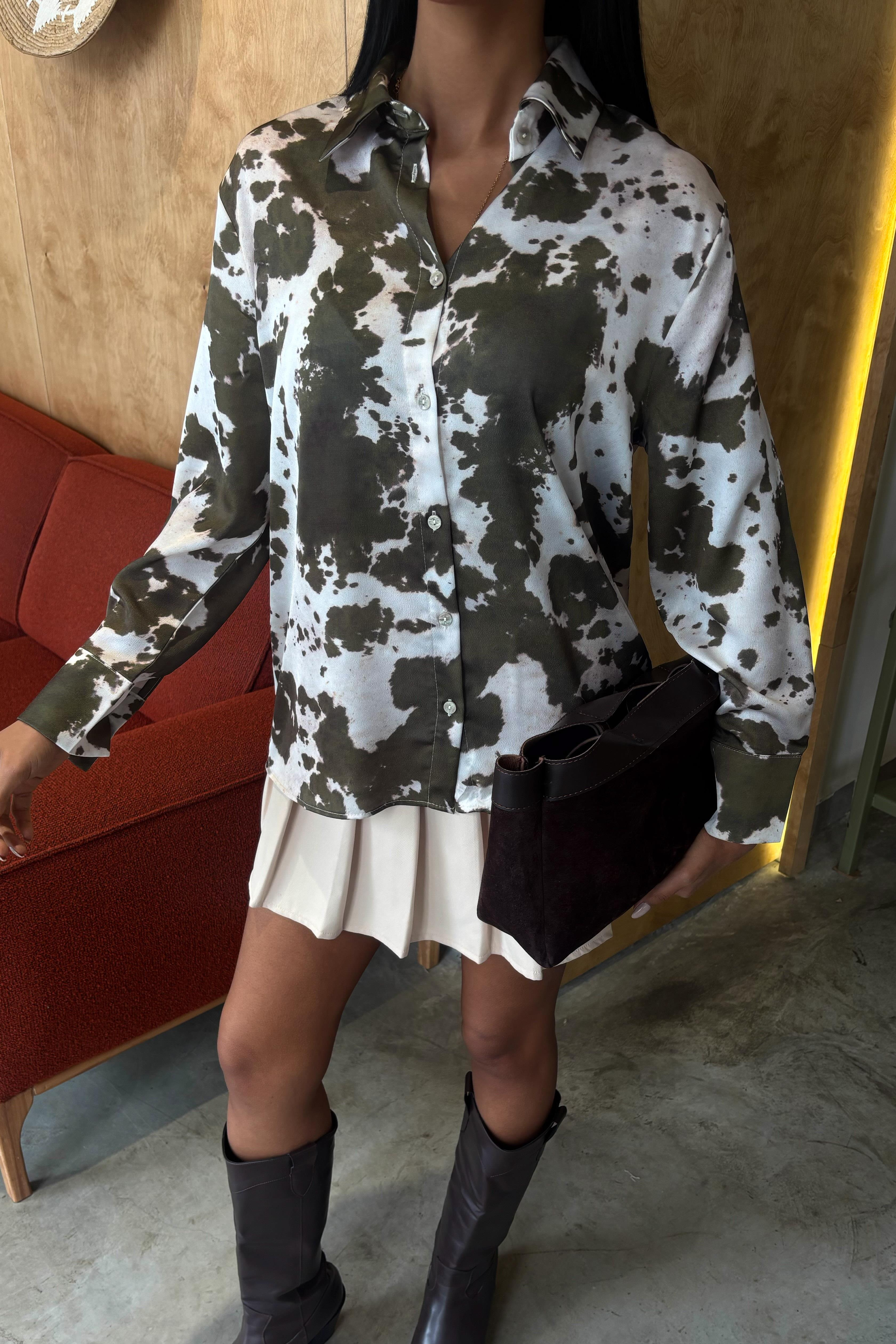 S5Y3467Batik Desenli Chanel Saten Gömlek 3467