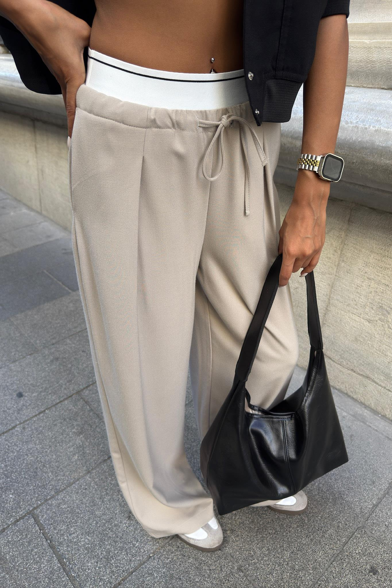 S6K0087Beli Lastik Detaylı Rahat Pantolon 0087