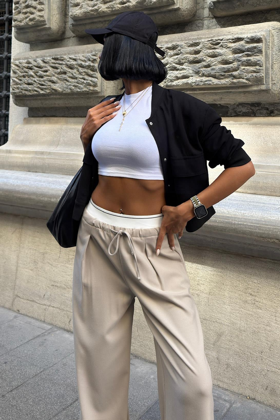 S6K0087Beli Lastik Detaylı Rahat Pantolon 0087