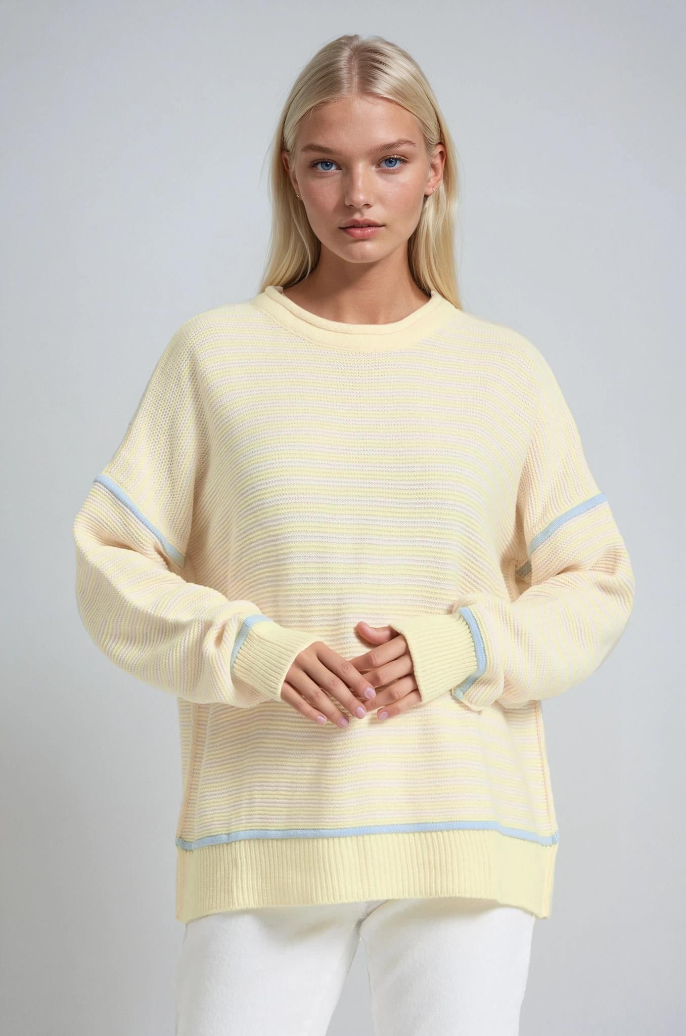 S6K1419CHBisiklet Yaka Oversize Çizgili Triko Kazak 1419