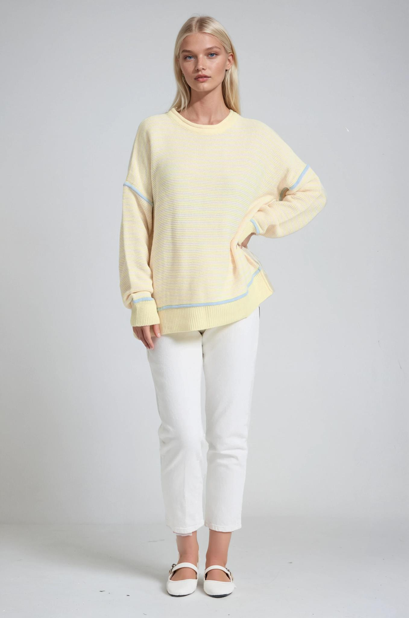 S6K1419CHBisiklet Yaka Oversize Çizgili Triko Kazak 1419