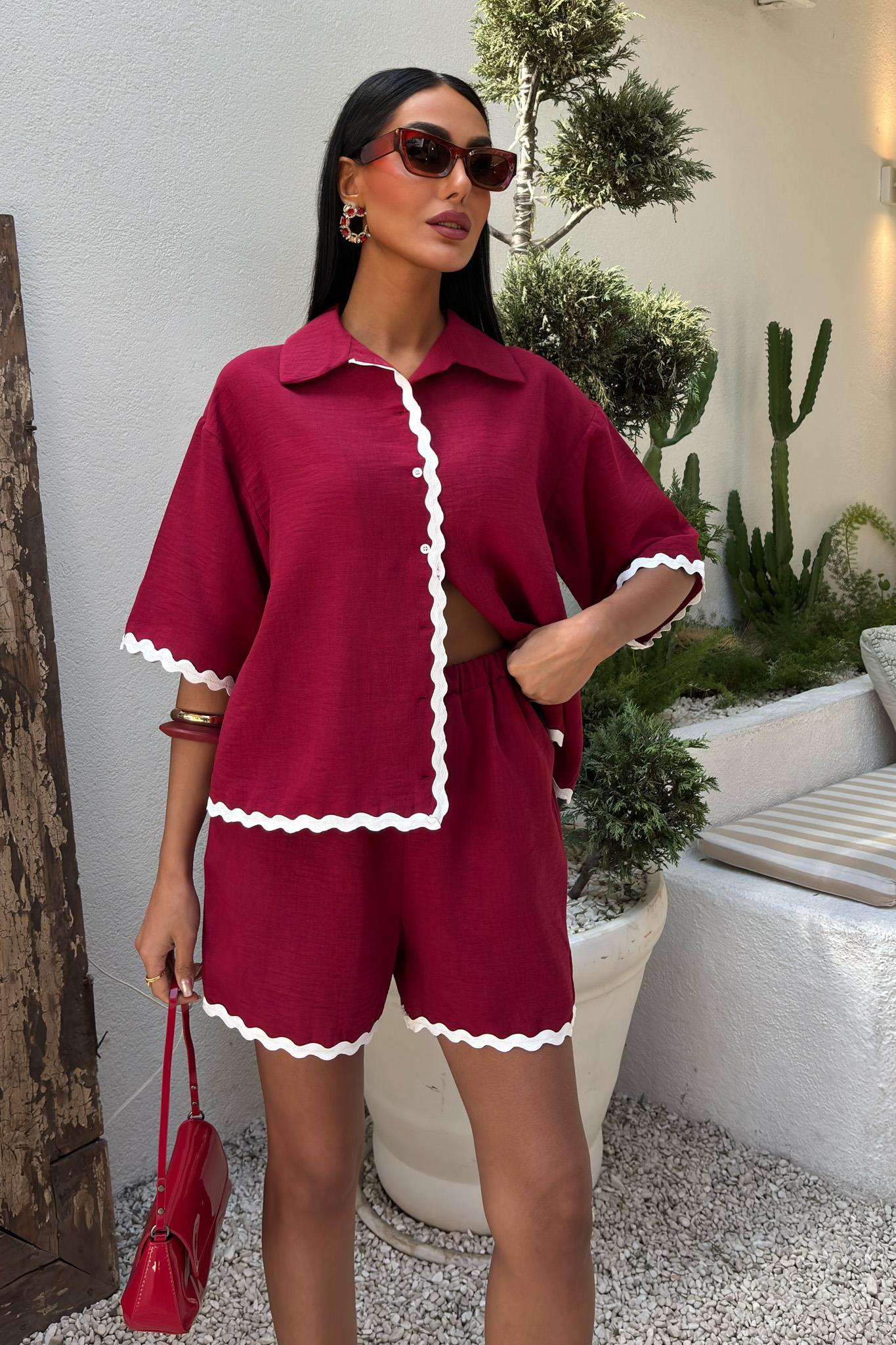 S5Y10123Piping Detailed Shorts Linen Suit 10123