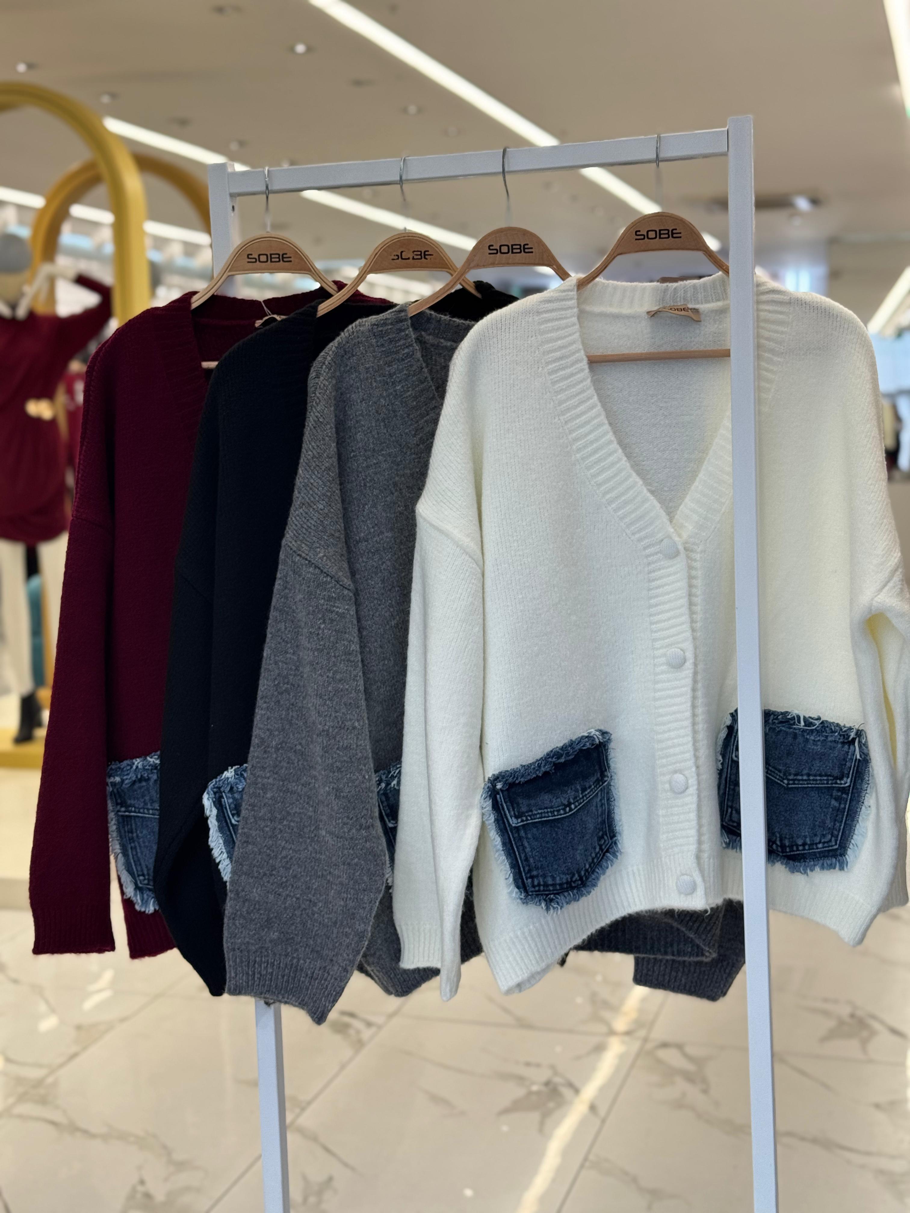 S6K5187Blanc Denim Detaylı Triko Hırka 5187
