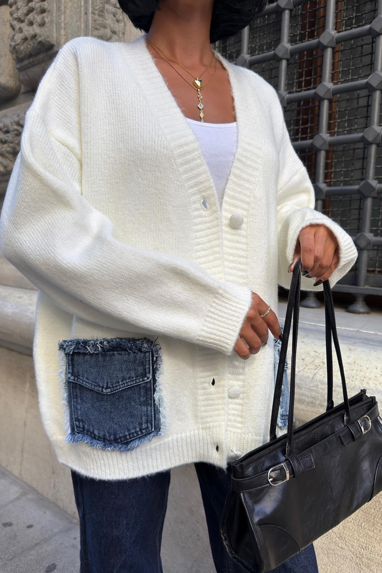 S6K5187Blanc Denim Detaylı Triko Hırka 5187