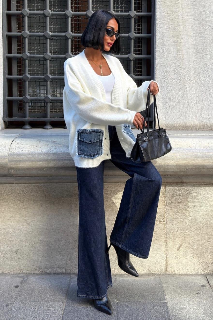 S6K5187Blanc Denim Detaylı Triko Hırka 5187