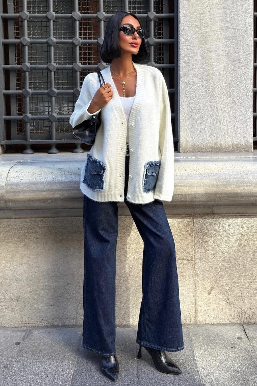 S6K5187Blanc Denim Detaylı Triko Hırka 5187