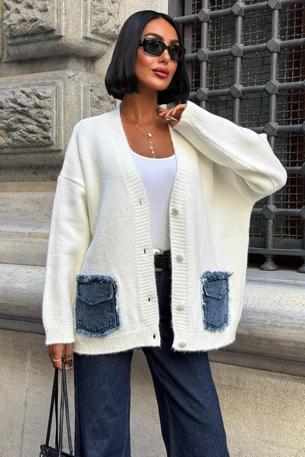 S6K5187Blanc Denim Detaylı Triko Hırka 5187