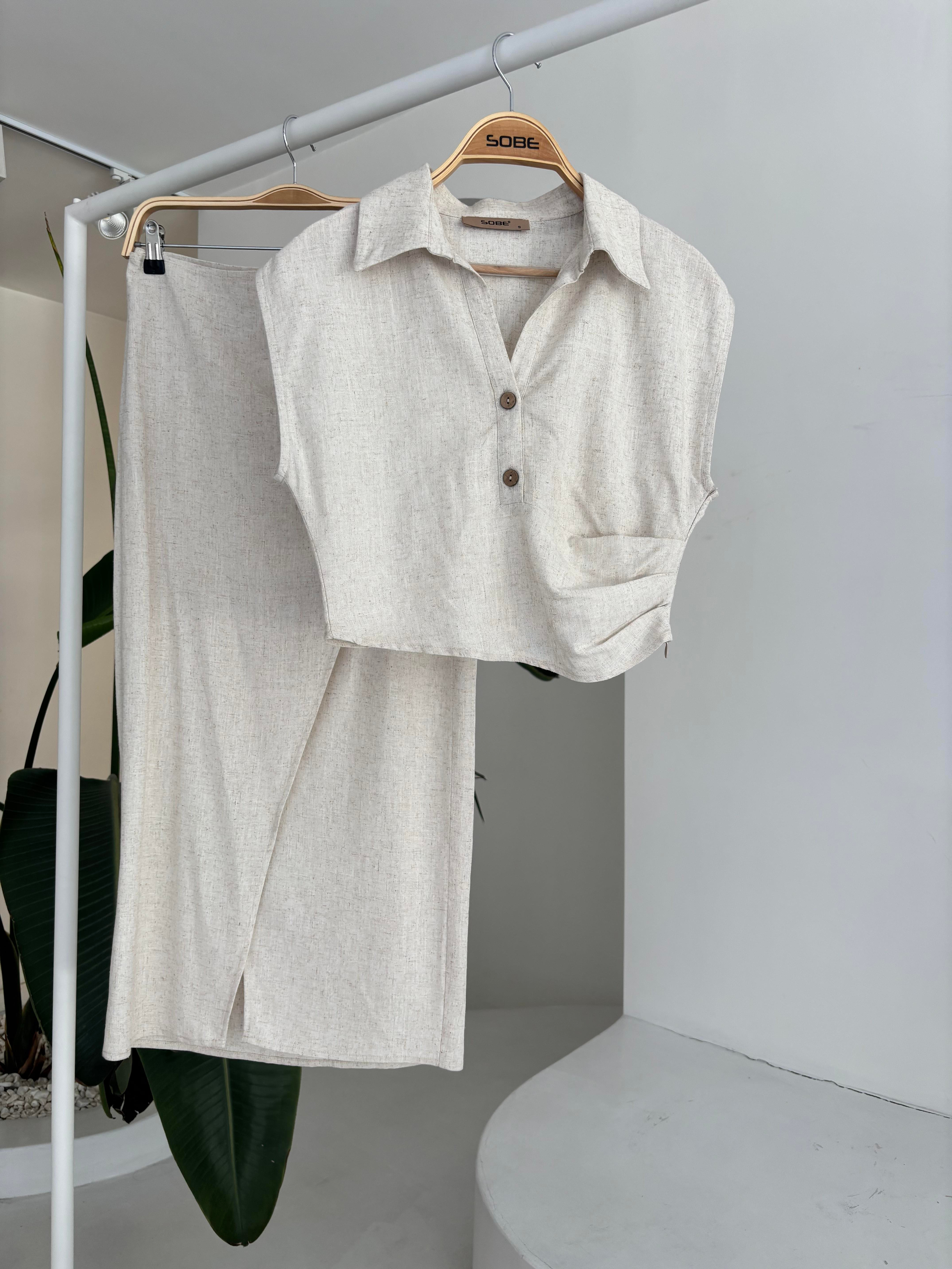 S5Y10204Linen Suit with Pleated Blouse and Buckled Skirt 10204