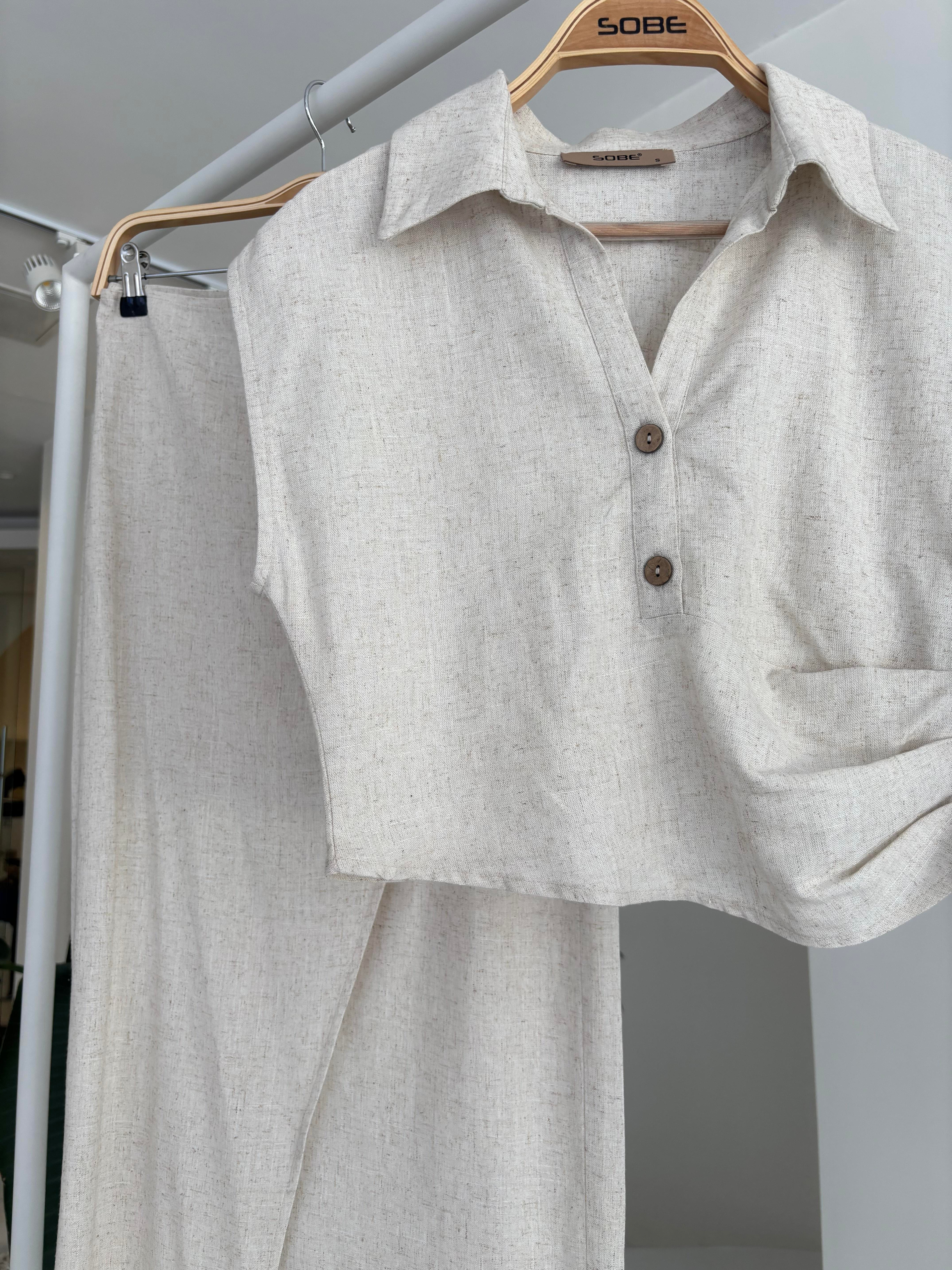 S5Y10204Linen Suit with Pleated Blouse and Buckled Skirt 10204