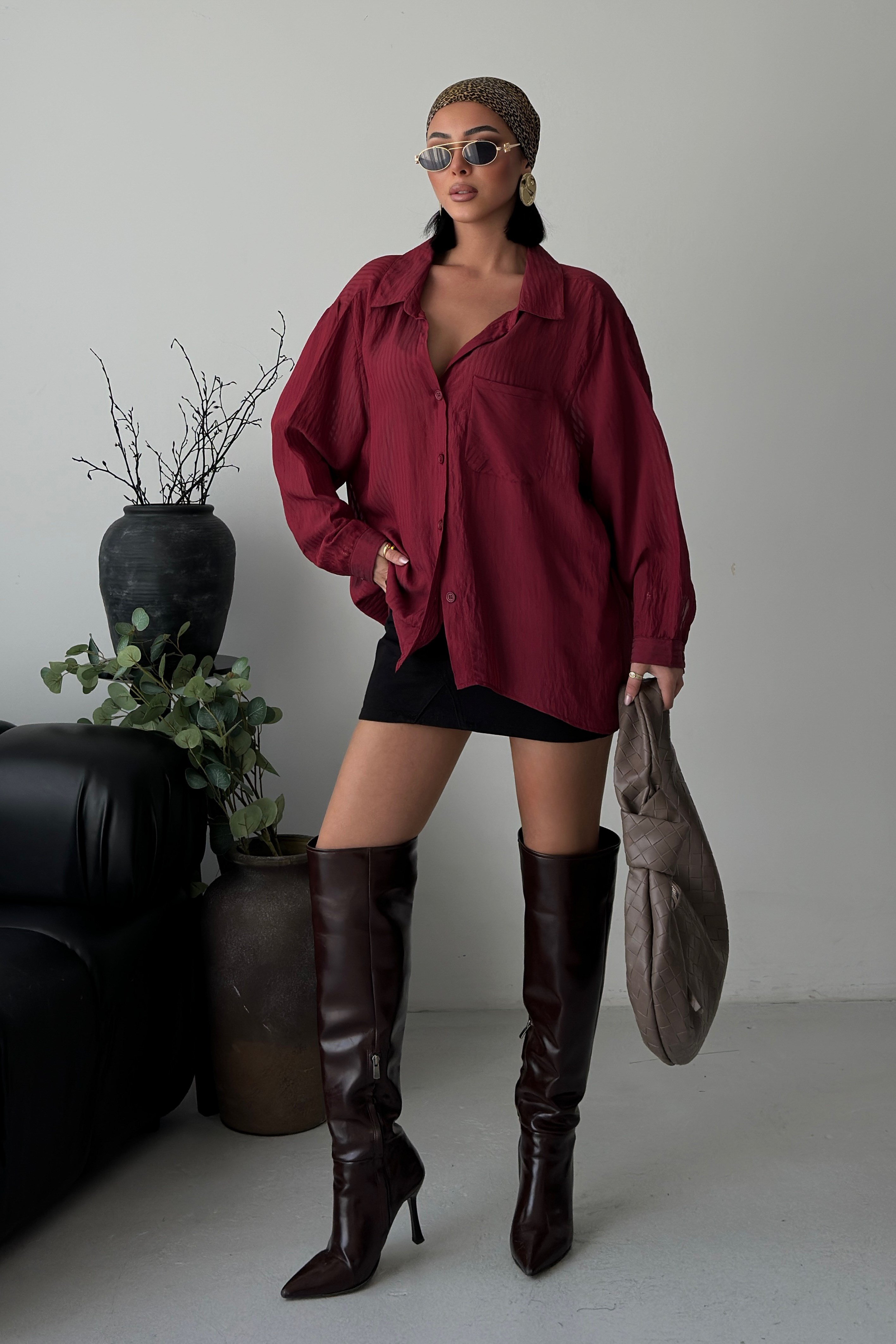 S6Y3515DKBordo Çizgili Transparan Oversize Gömlek 3515