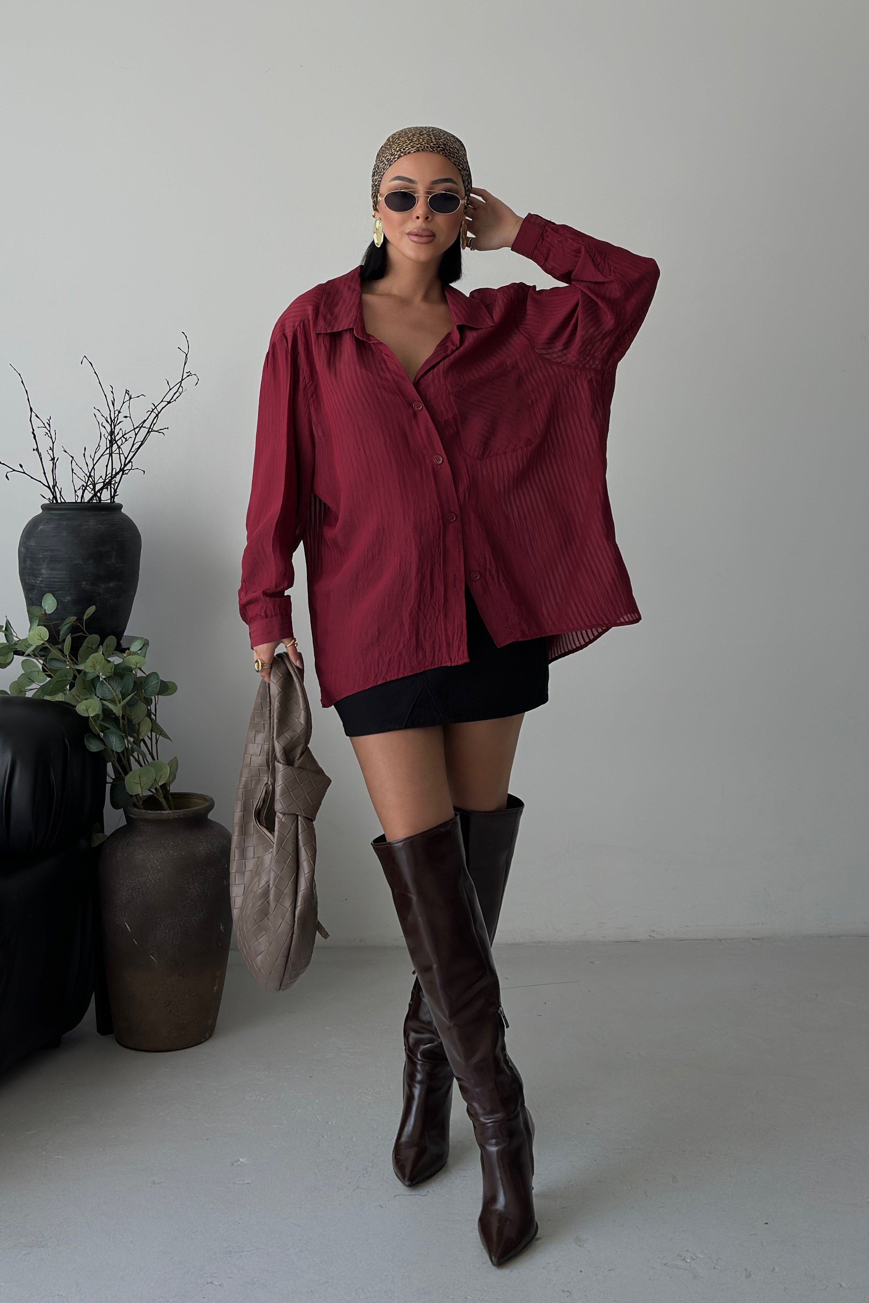S6Y3515DKBordo Çizgili Transparan Oversize Gömlek 3515