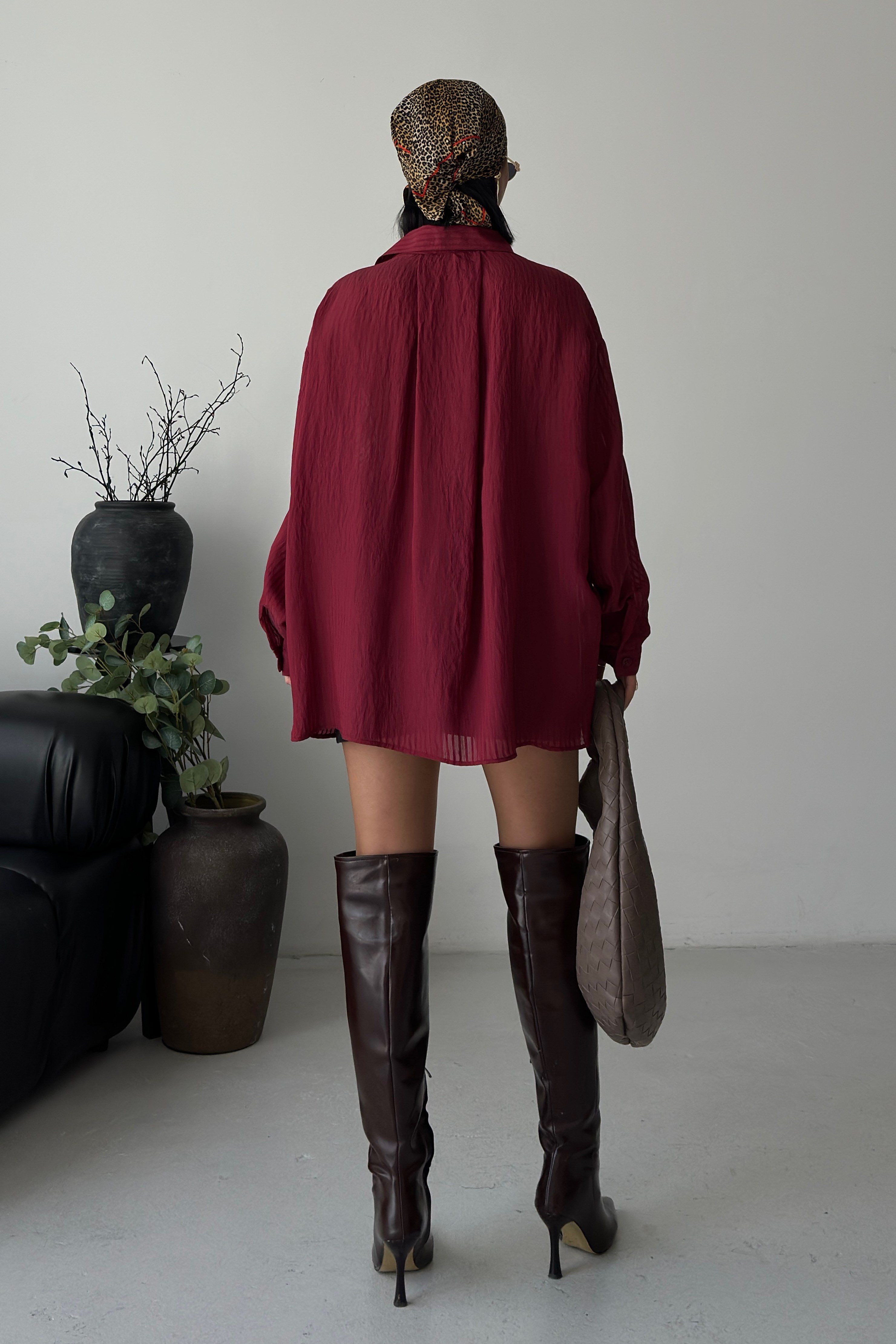 S6Y3515DKBordo Çizgili Transparan Oversize Gömlek 3515