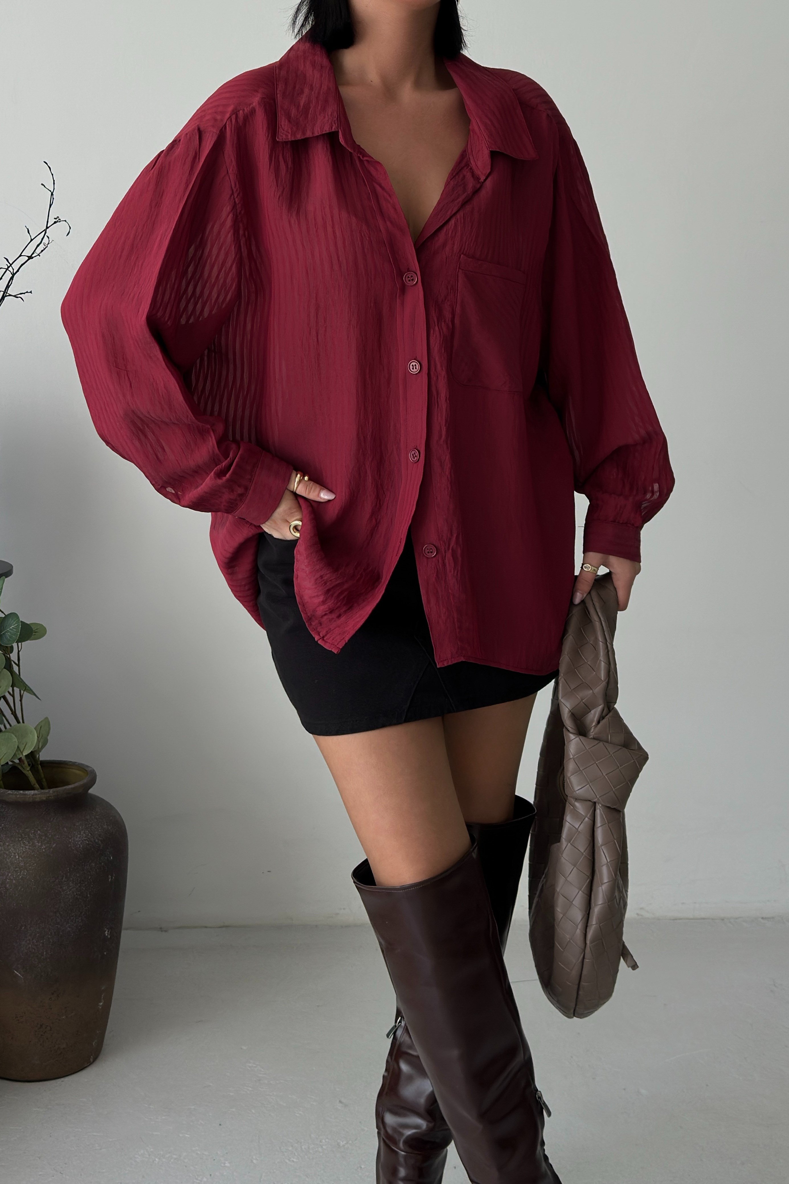 S6Y3515DKBordo Çizgili Transparan Oversize Gömlek 3515