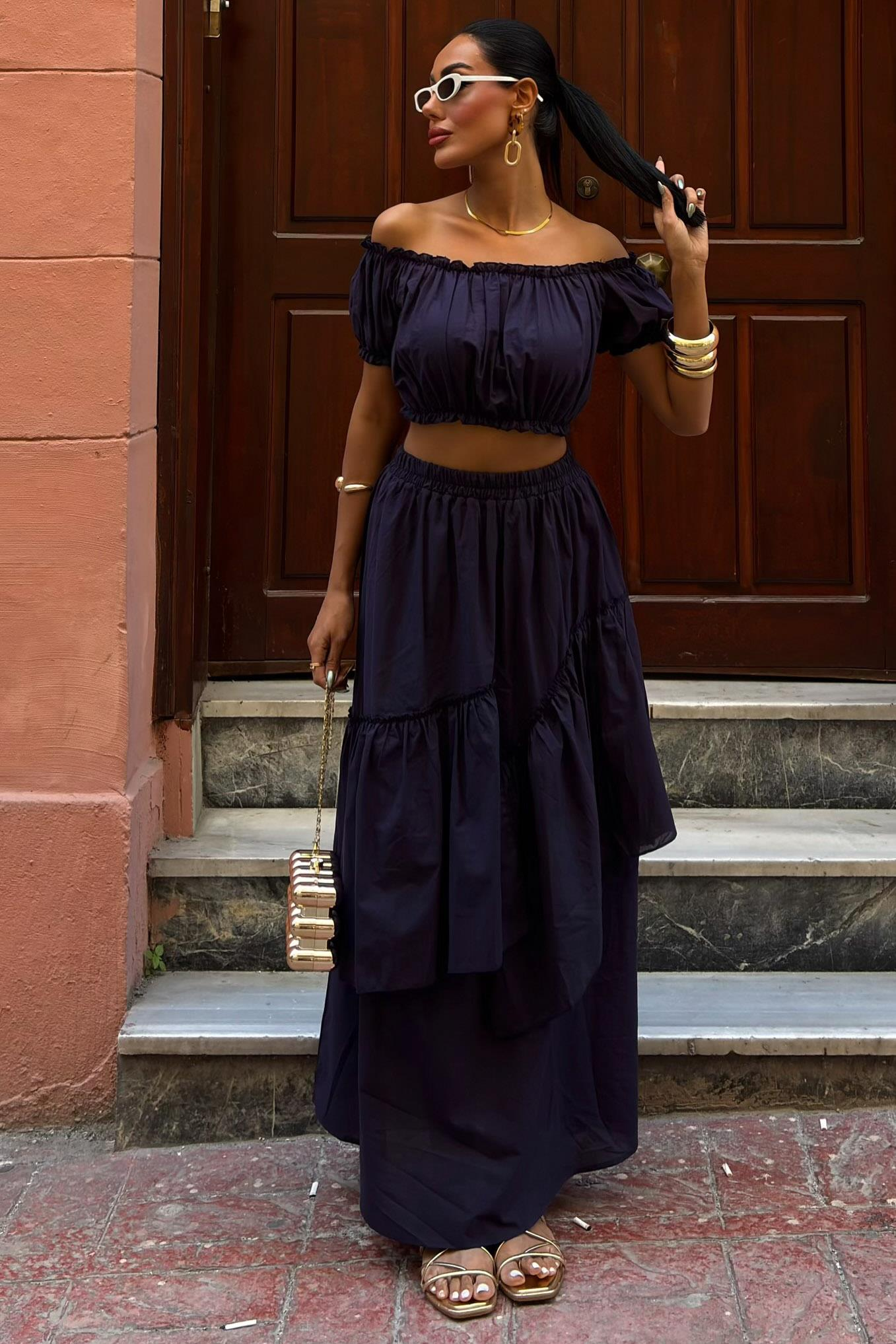 S5Y10196Büzgülü Crop Kat Detaylı Fırfır Etekli Takım 10196