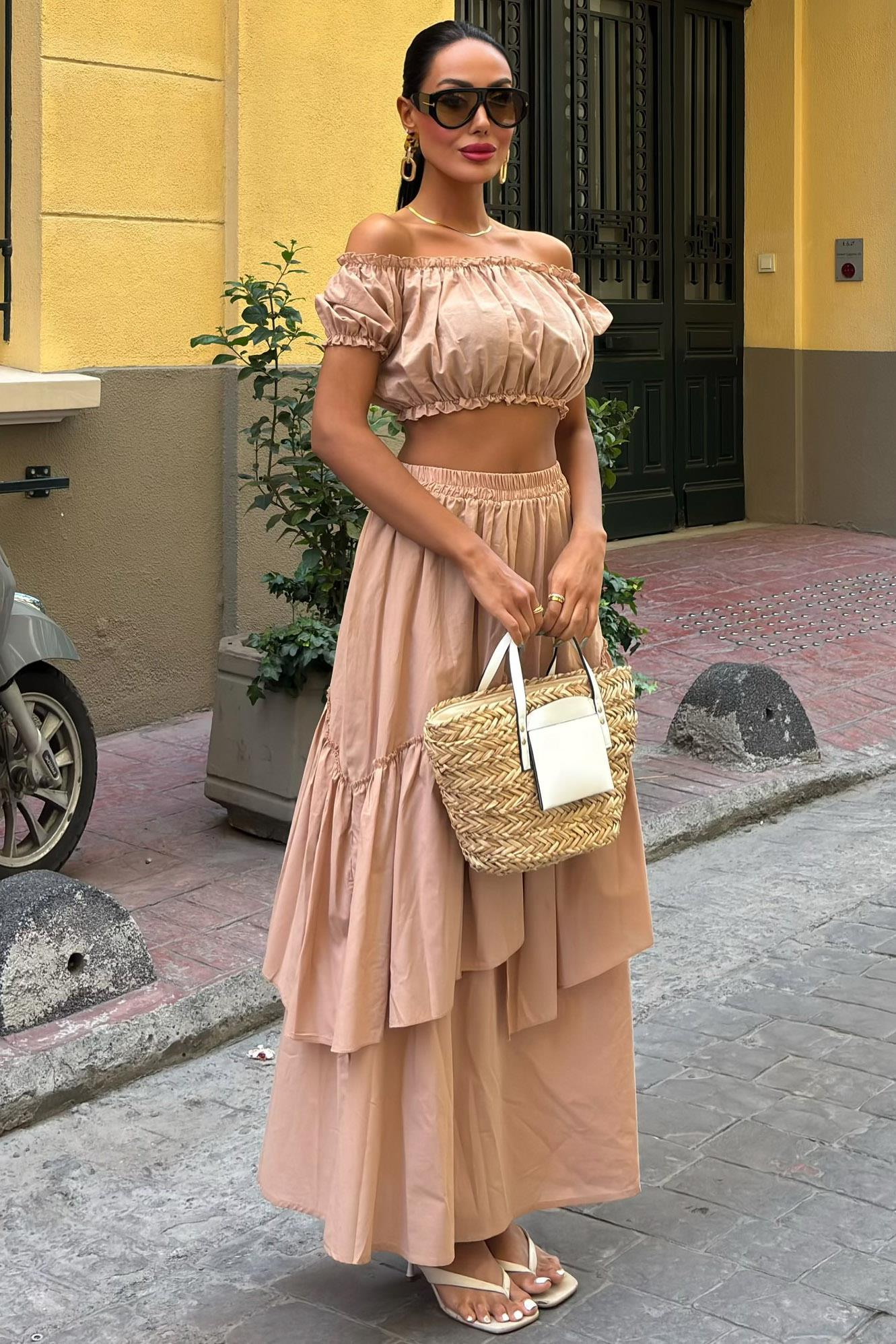 S5Y10196Büzgülü Crop Kat Detaylı Fırfır Etekli Takım 10196