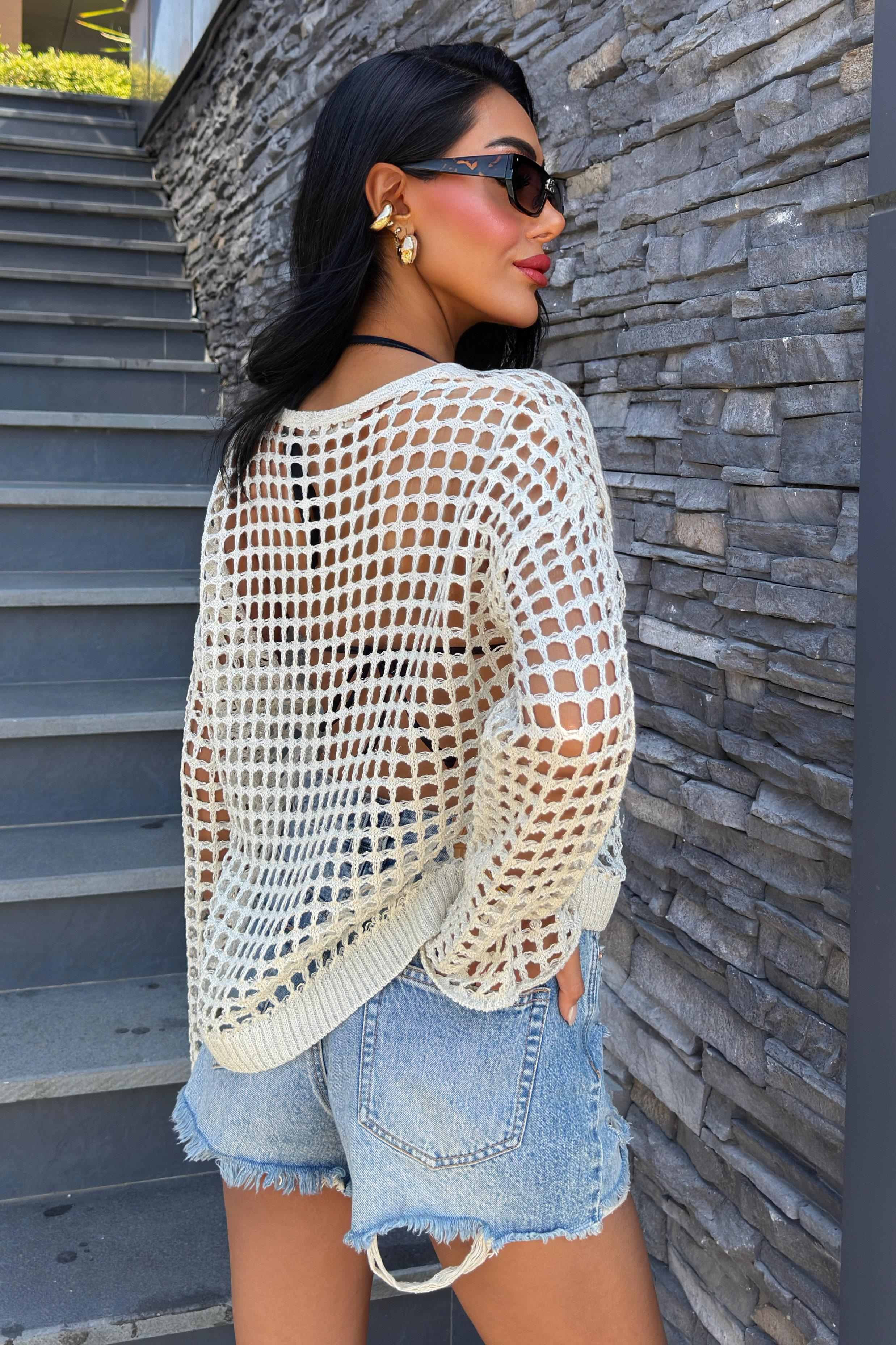 S5Y1361Pocket Detail Glittery Openwork Knit Blouse 1361