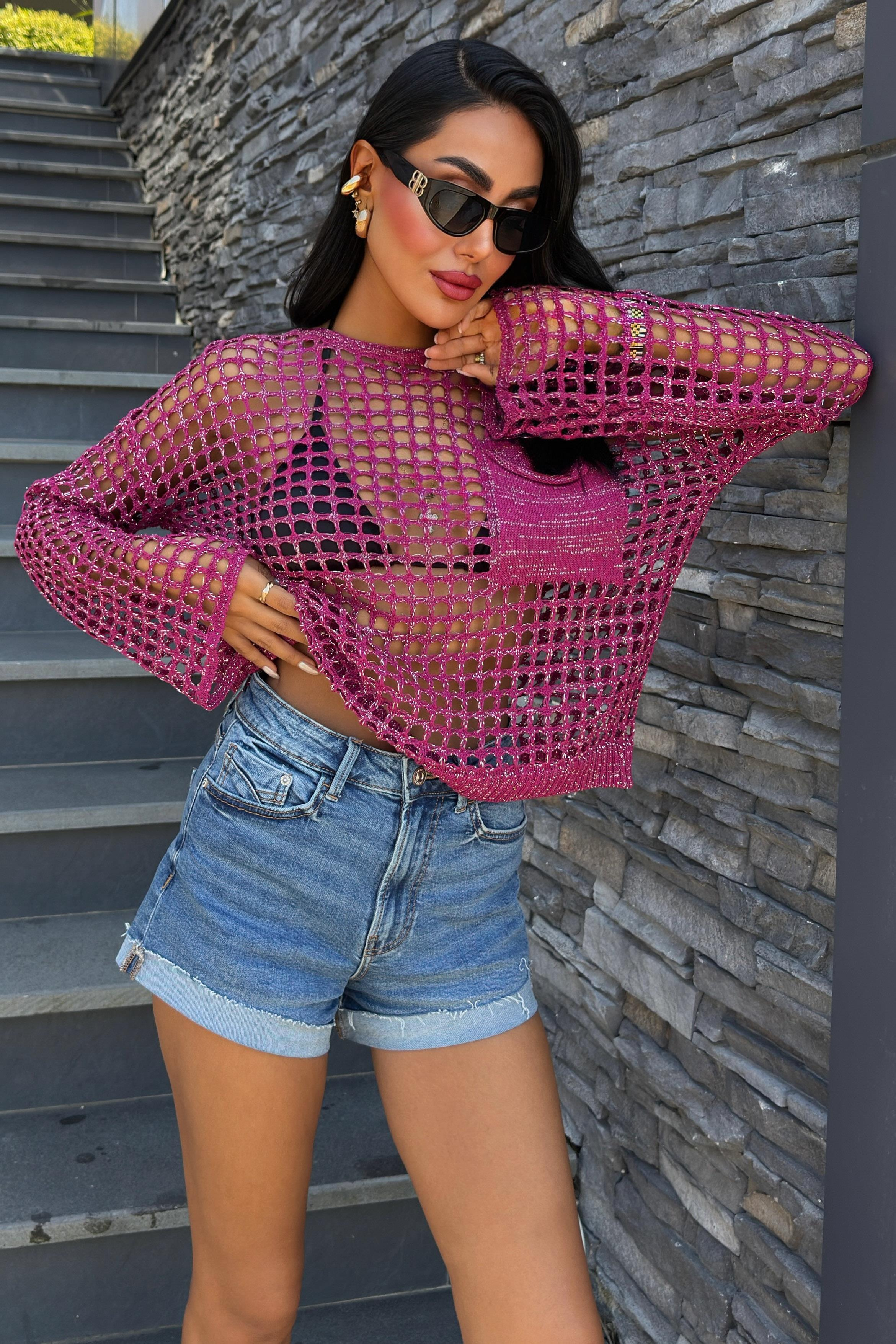 S5Y1361Pocket Detail Glittery Openwork Knit Blouse 1361