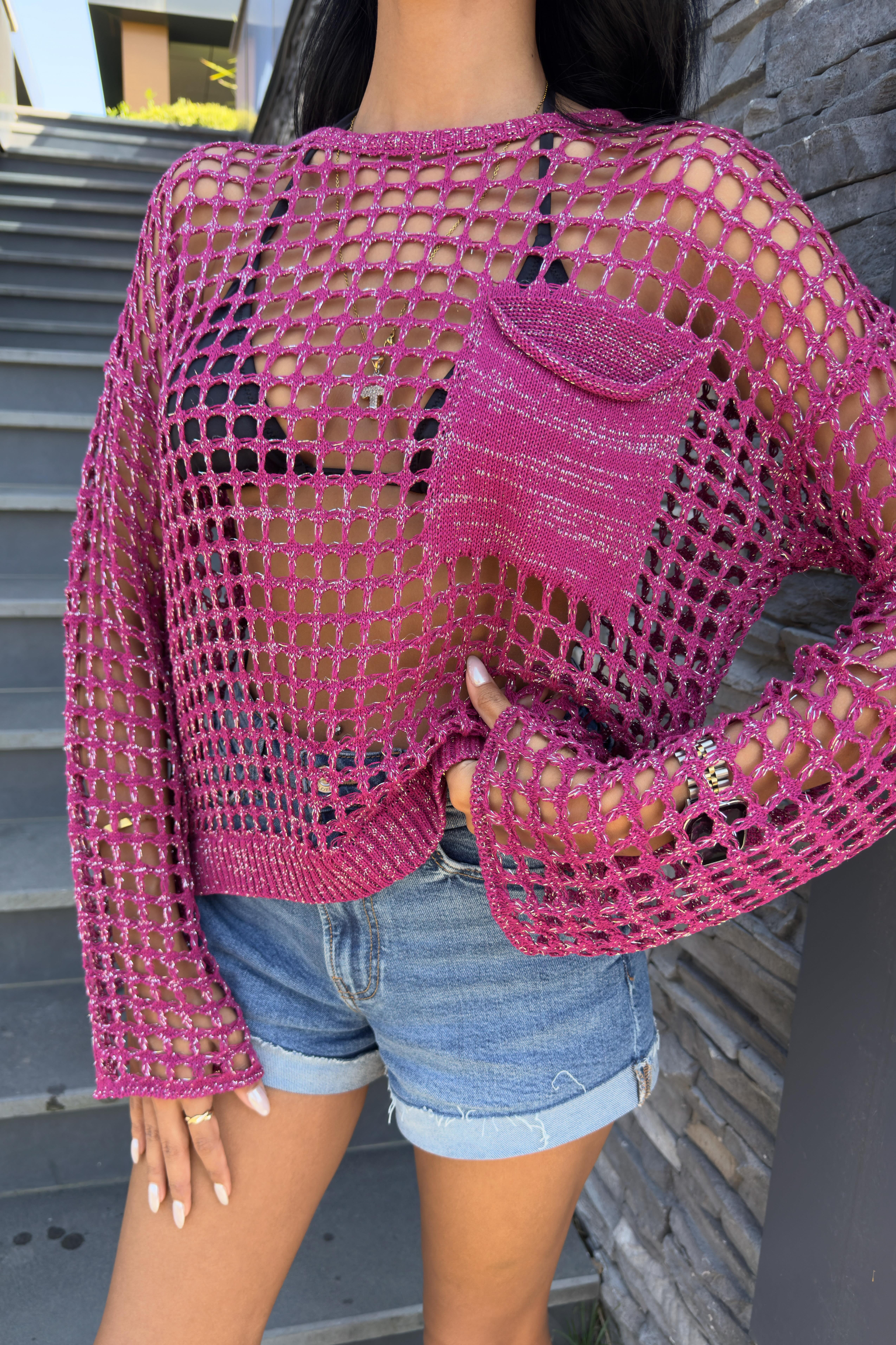 S5Y1361Pocket Detail Glittery Openwork Knit Blouse 1361