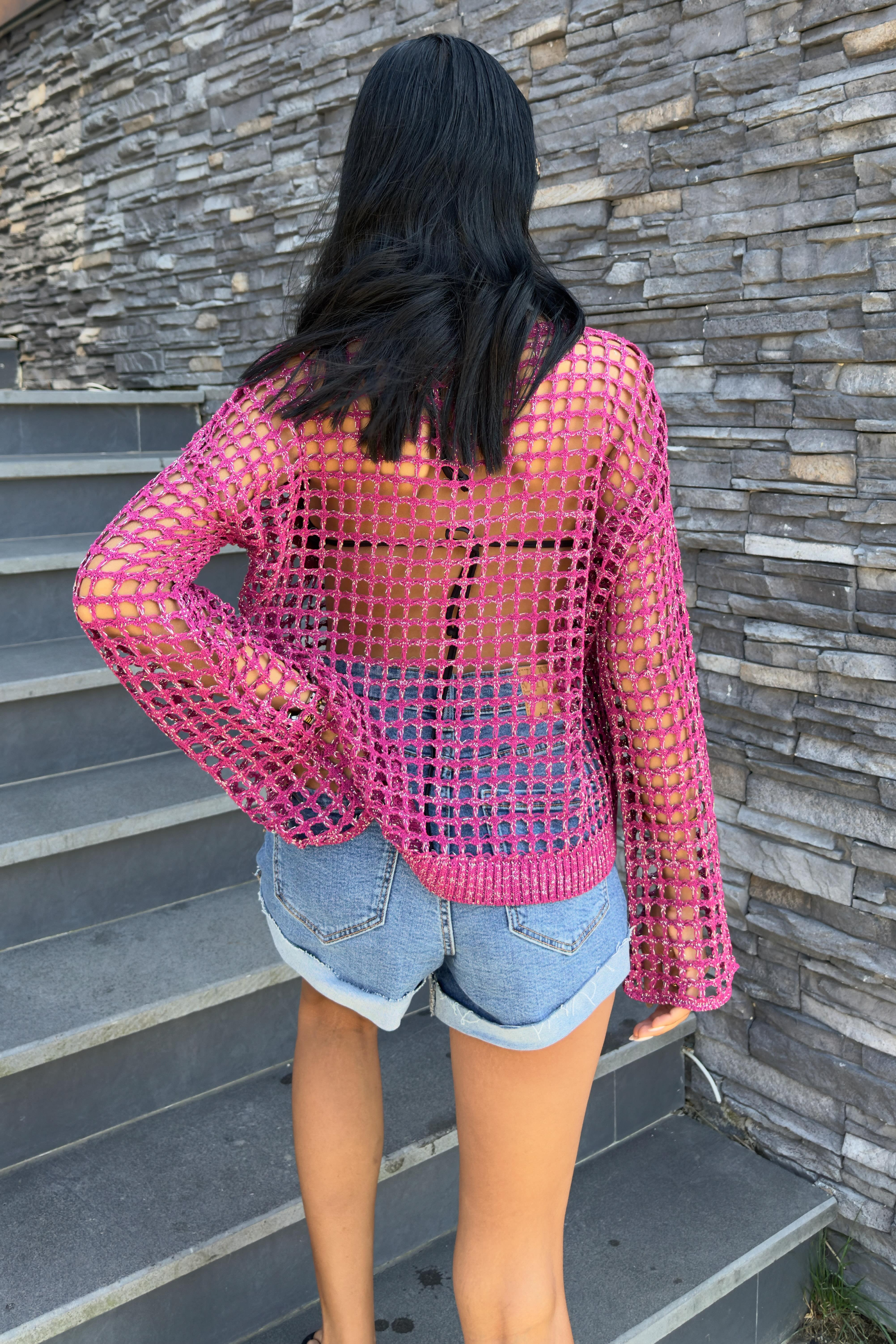 S5Y1361Pocket Detail Glittery Openwork Knit Blouse 1361
