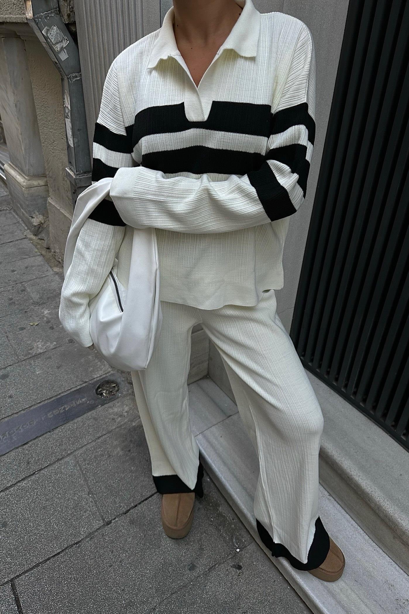 S5K9977Cerly Çizlili Triko Pantolon Kazak Takım 9977