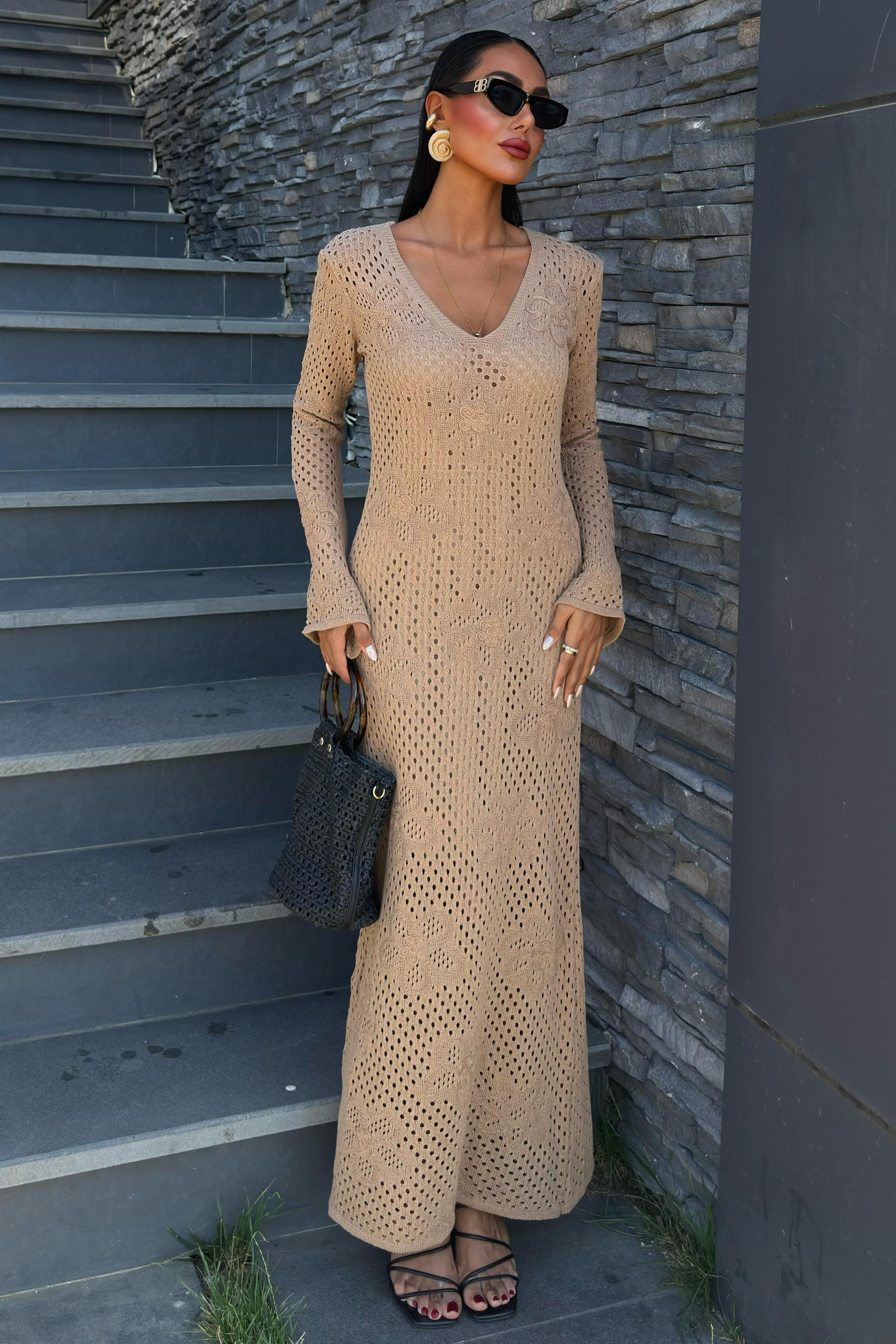 S5Y2857Flower Detailed Openwork Knit Dress 2857