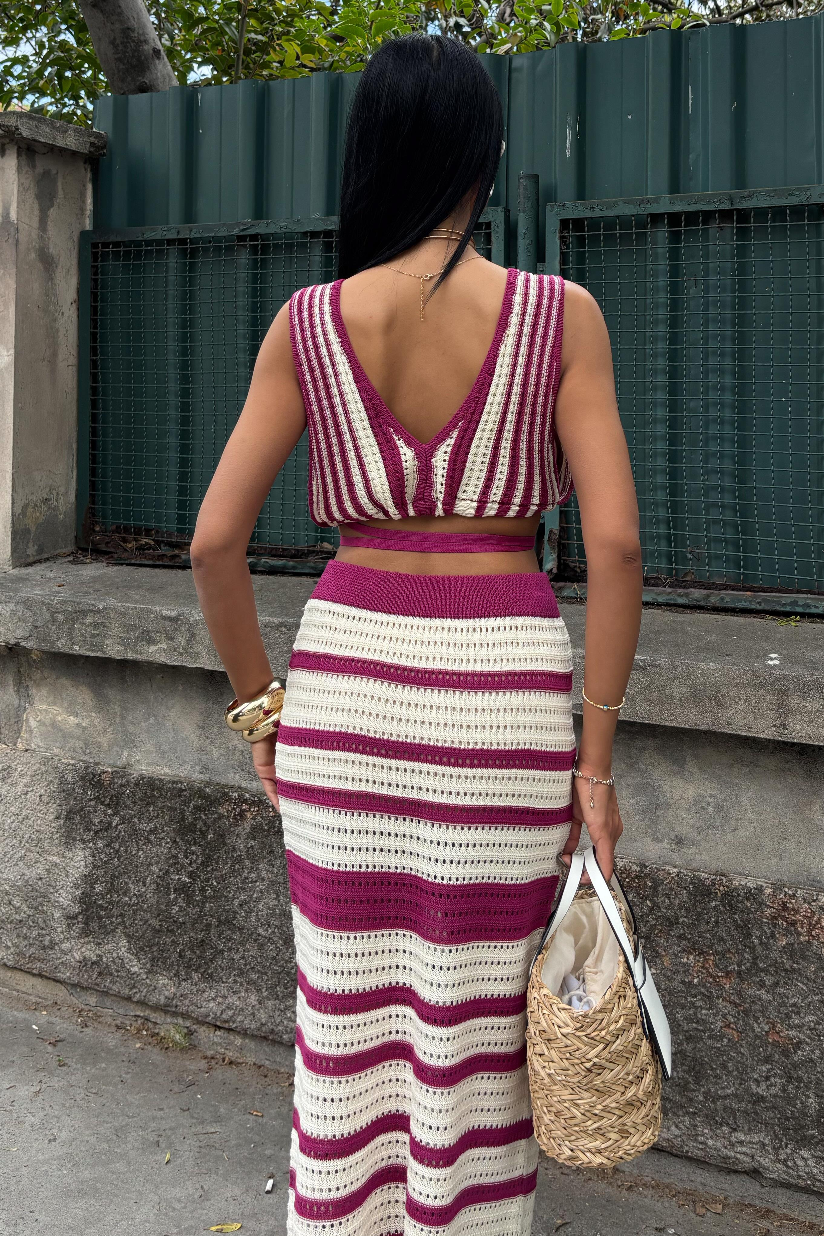 S5Y10110Striped Bikini Top and Skirt Knitwear Set 10110