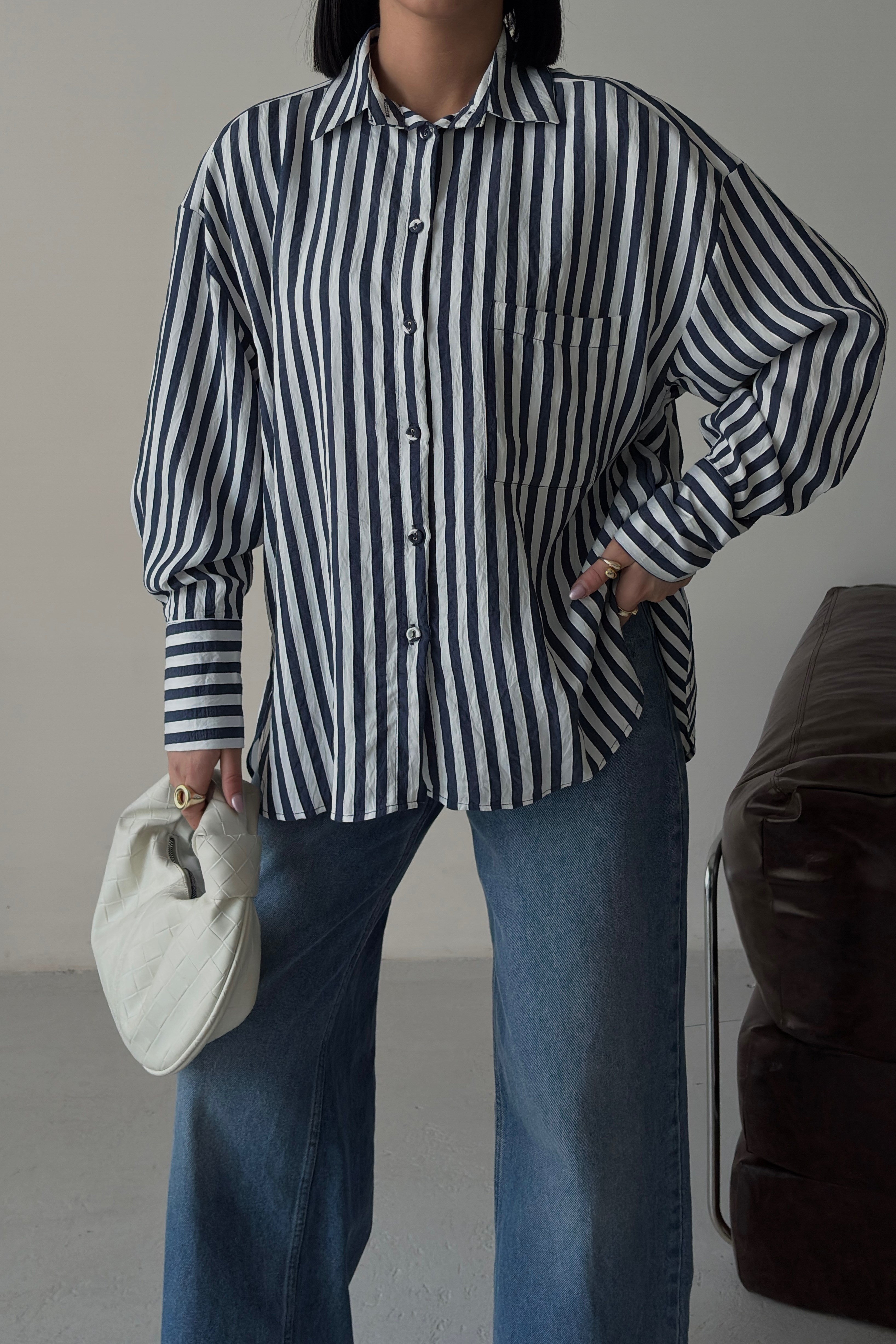 S6Y3504DKÇizgili Oversize Basic Gömlek 3504