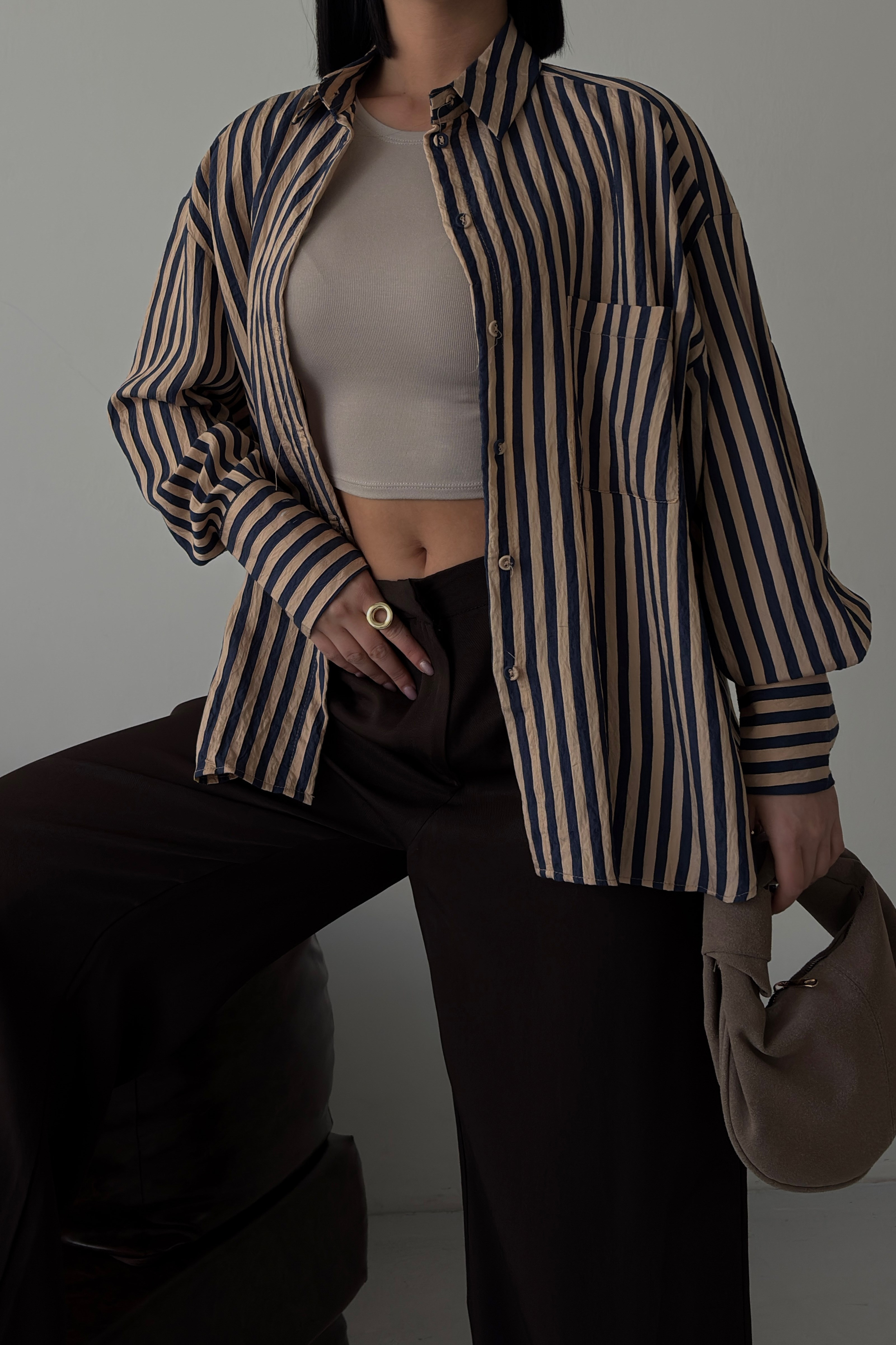 S6Y3504DKÇizgili Oversize Basic Gömlek 3504