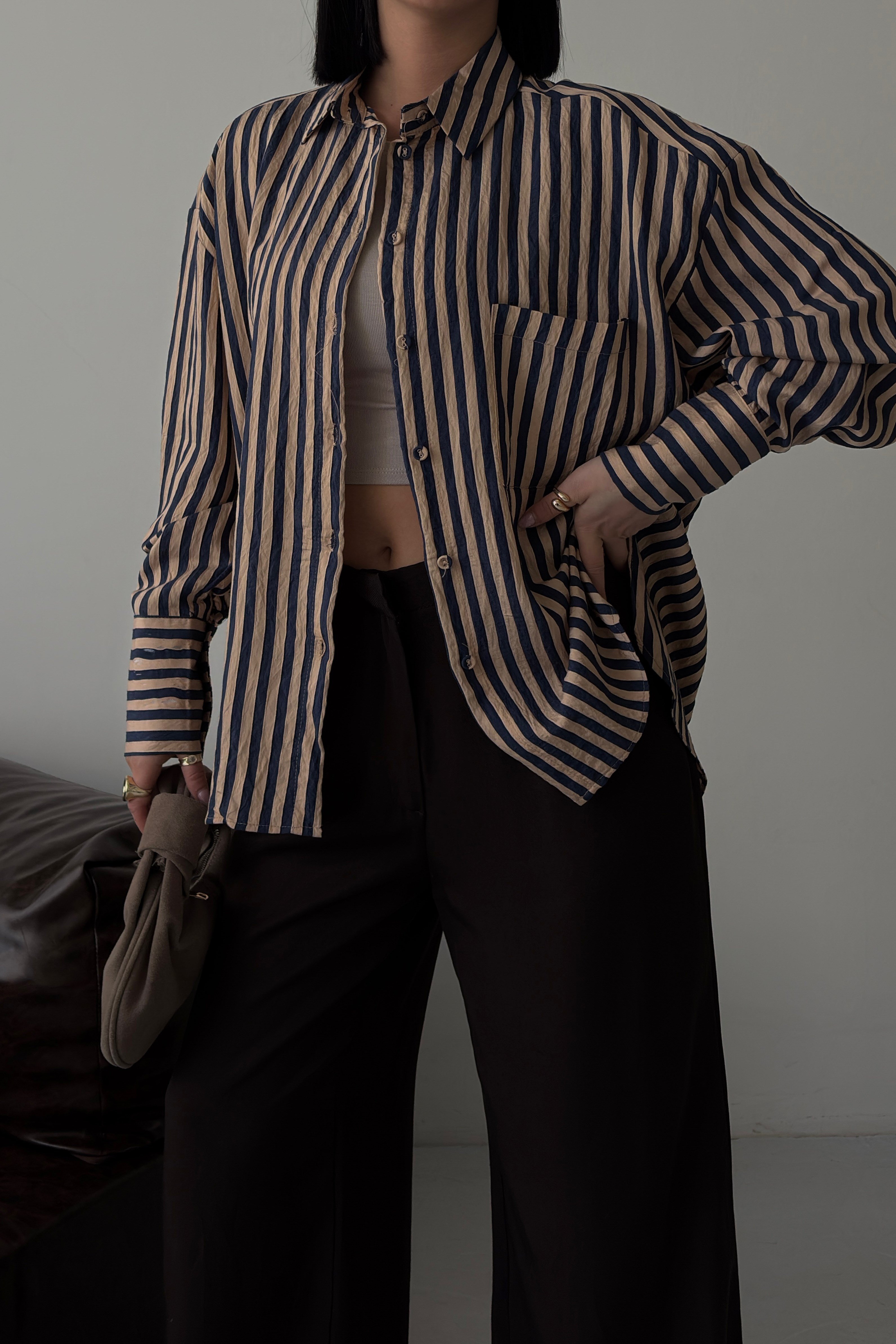 S6Y3504DKÇizgili Oversize Basic Gömlek 3504