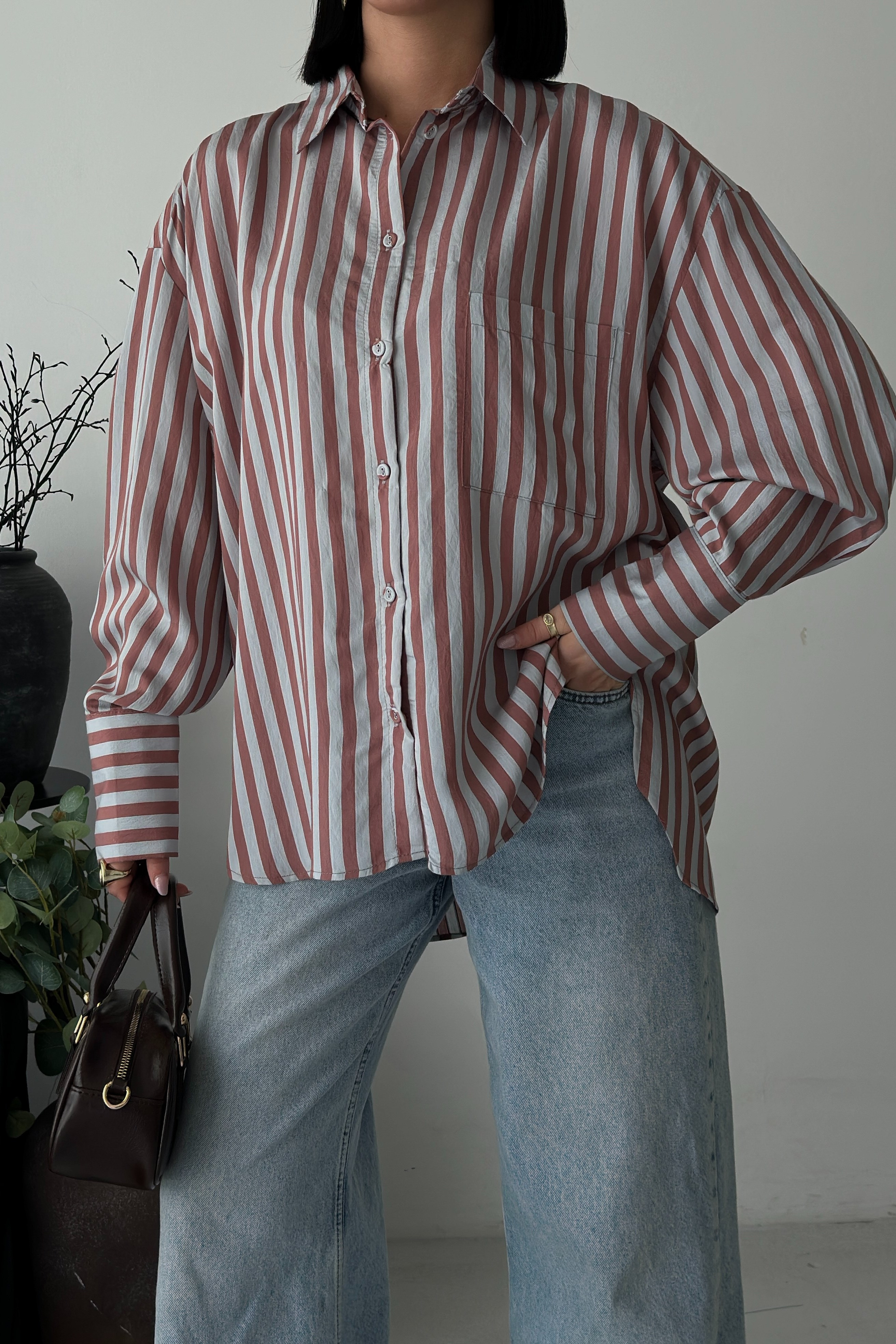 S6Y3504DKÇizgili Oversize Basic Gömlek 3504