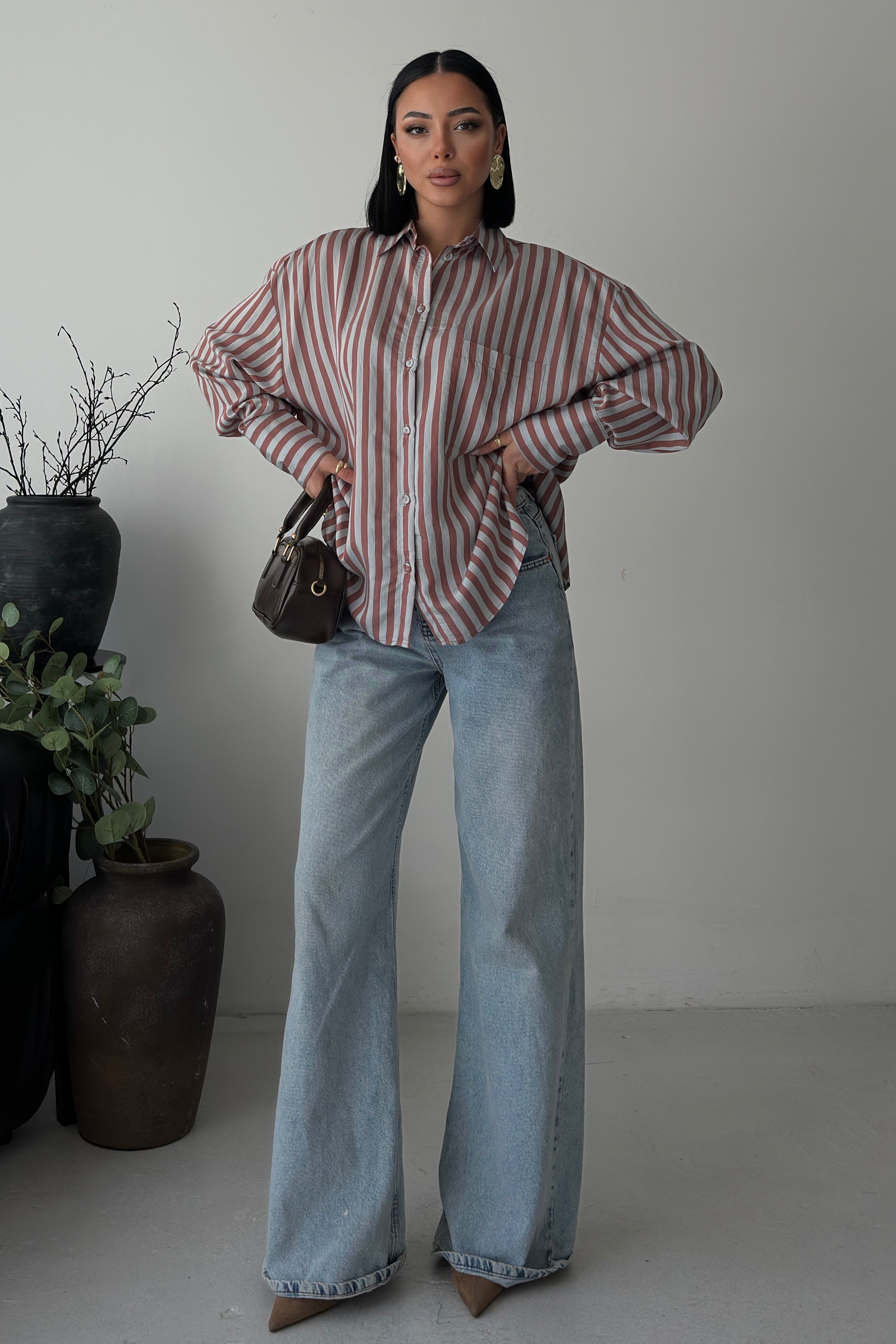 S6Y3504DKÇizgili Oversize Basic Gömlek 3504