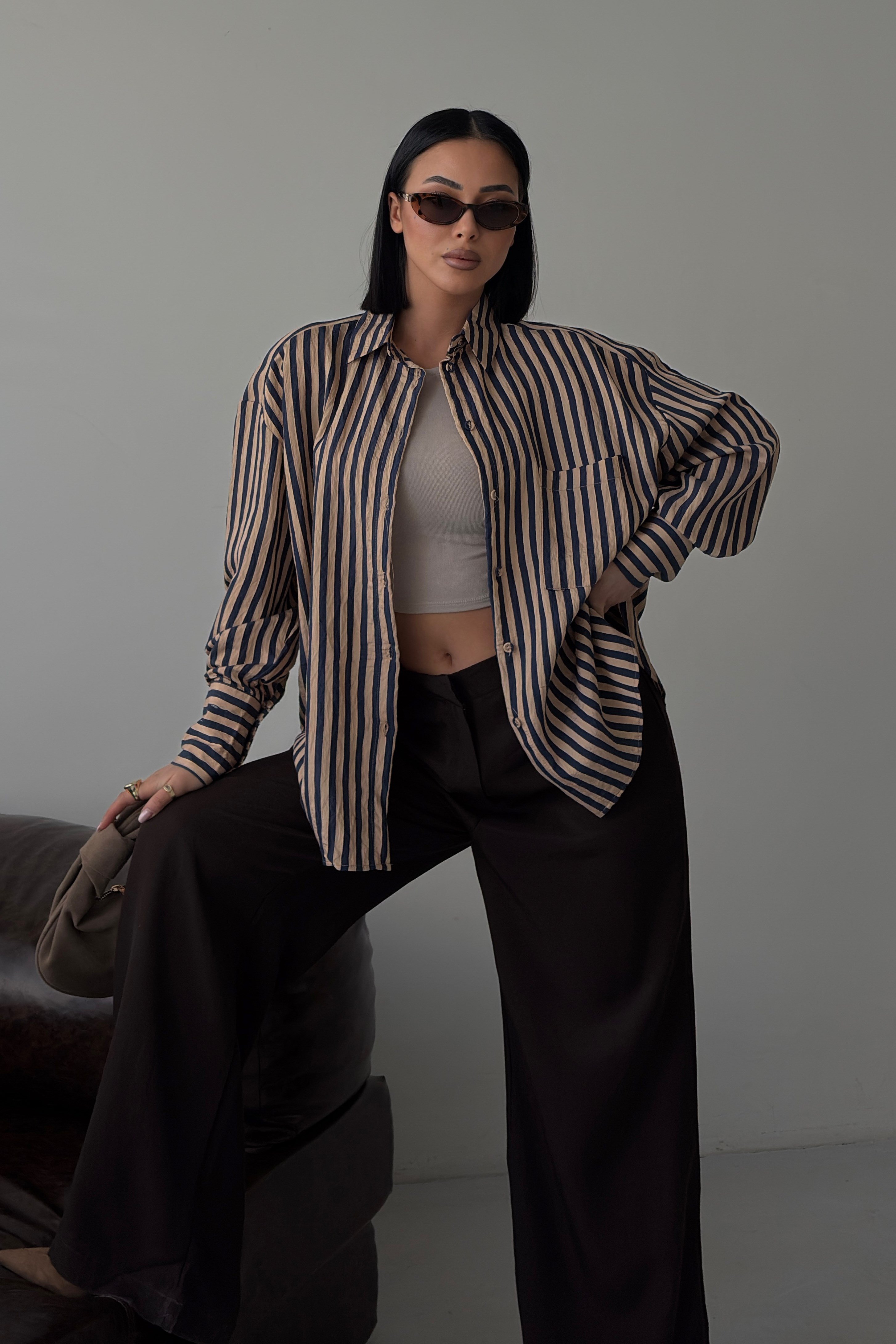 S6Y3504DKÇizgili Oversize Basic Gömlek 3504