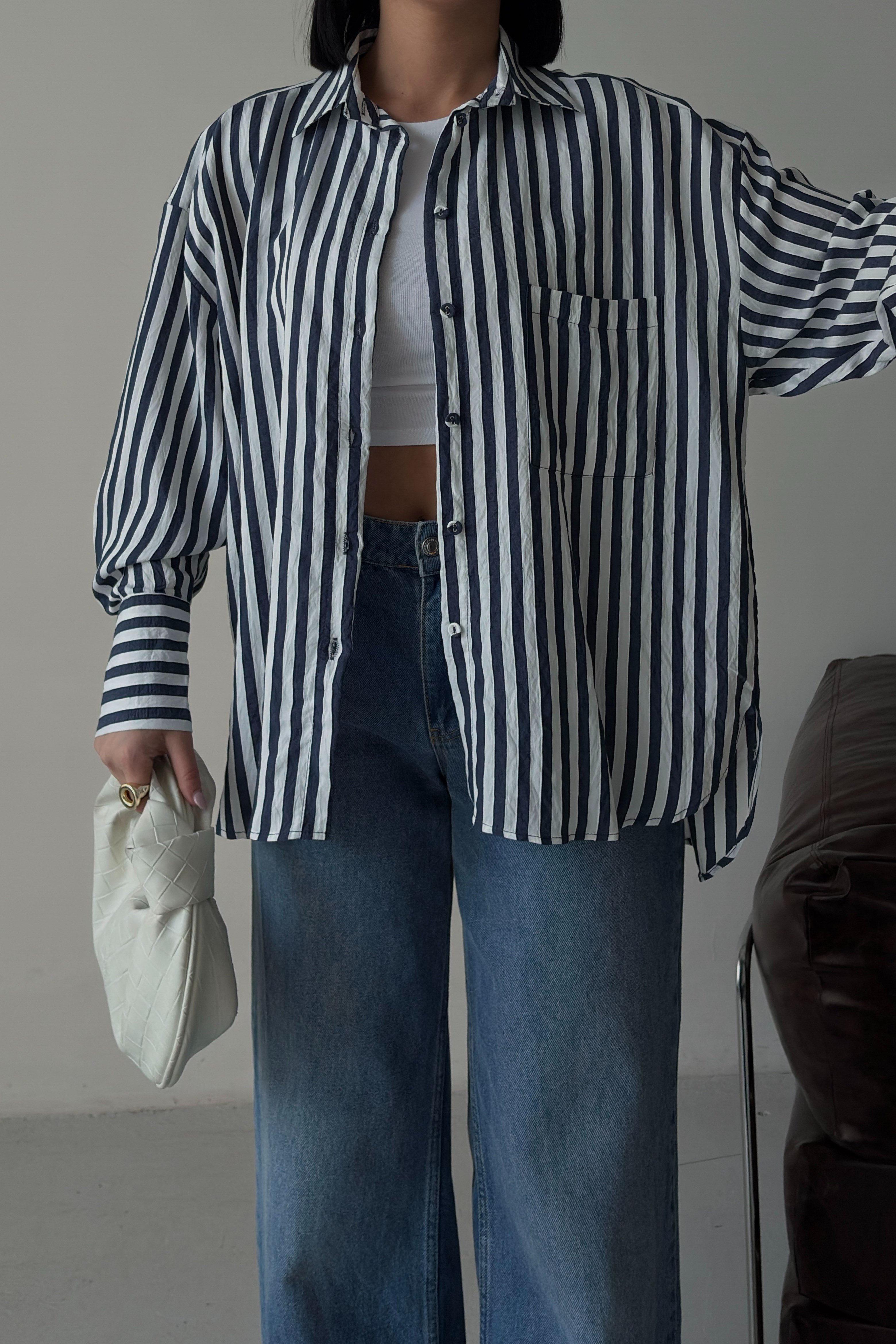 S6Y3504DKÇizgili Oversize Basic Gömlek 3504