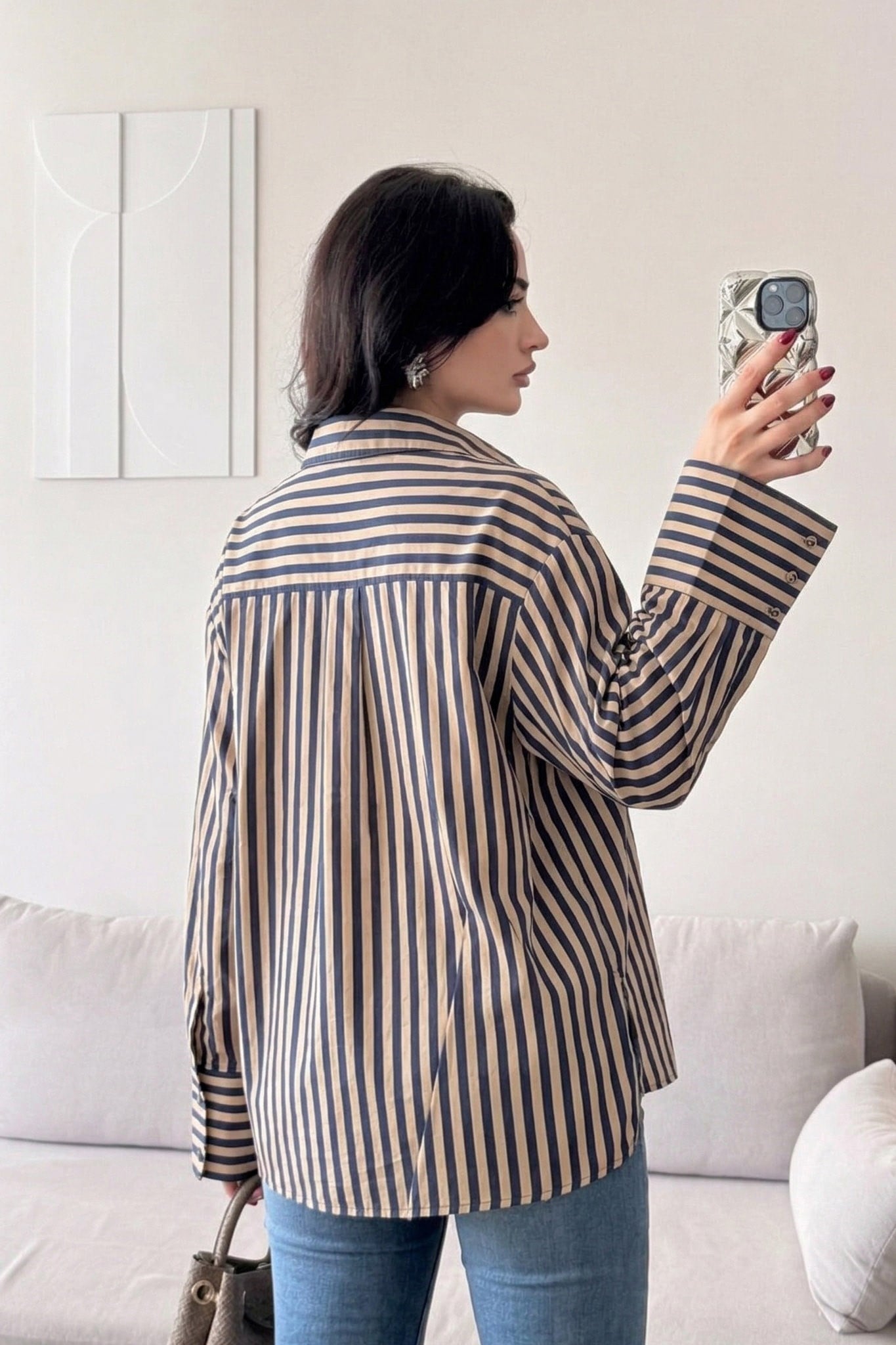 S6Y3504DKÇizgili Oversize Basic Gömlek 3504