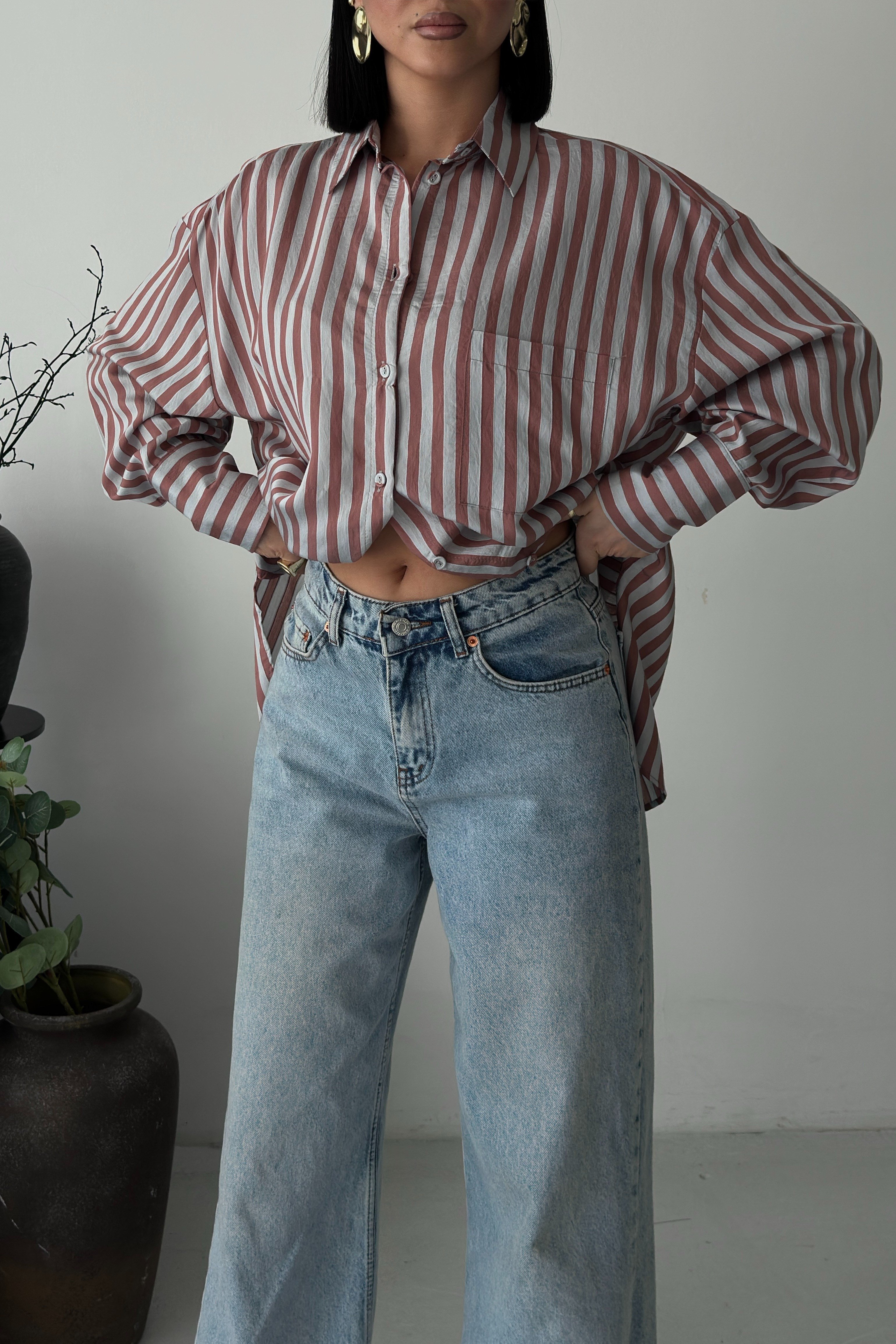 S6Y3504DKÇizgili Oversize Basic Gömlek 3504