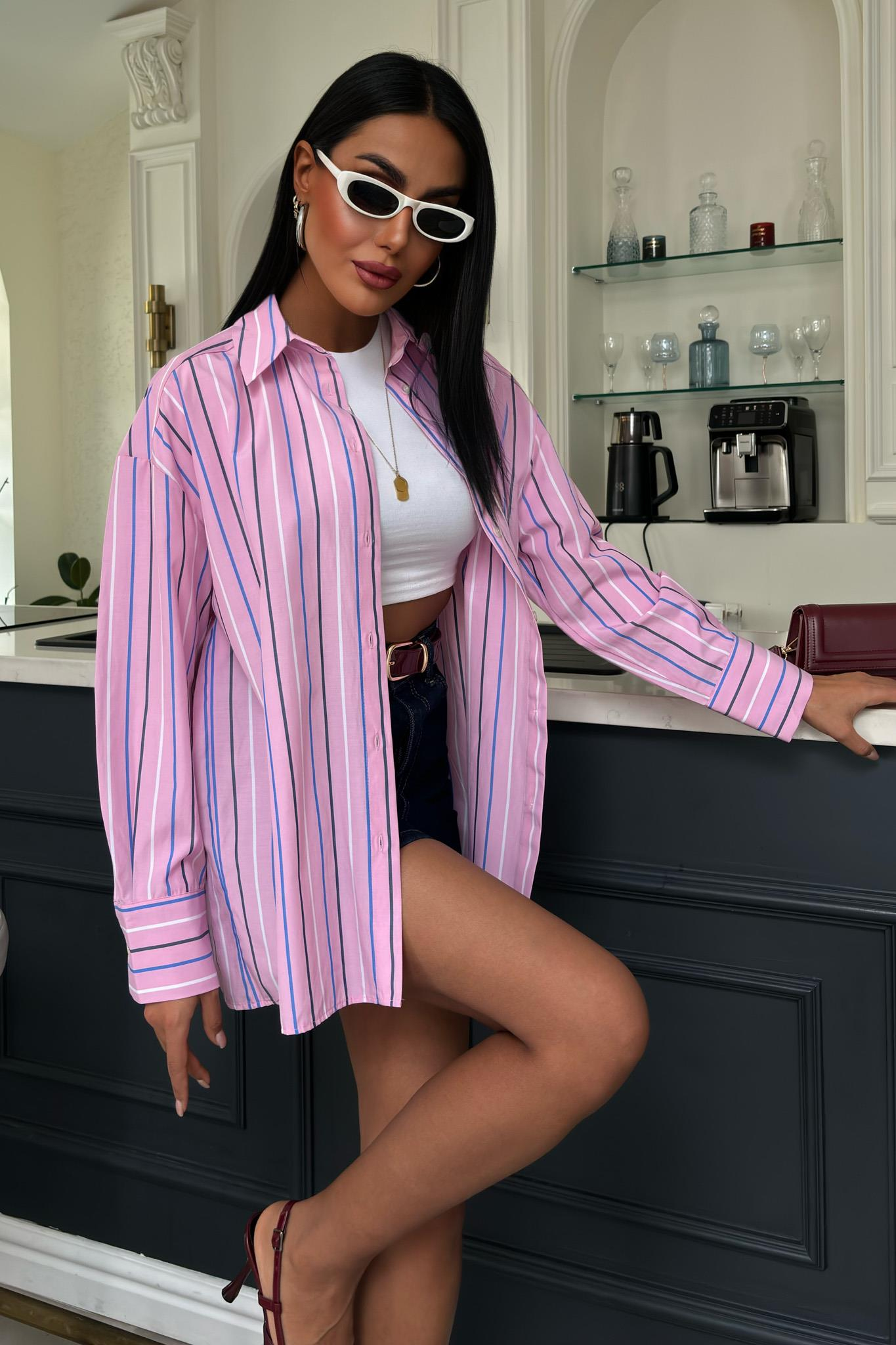 S5Y3451Çizgili Pembe Poplin Gömlek 3451