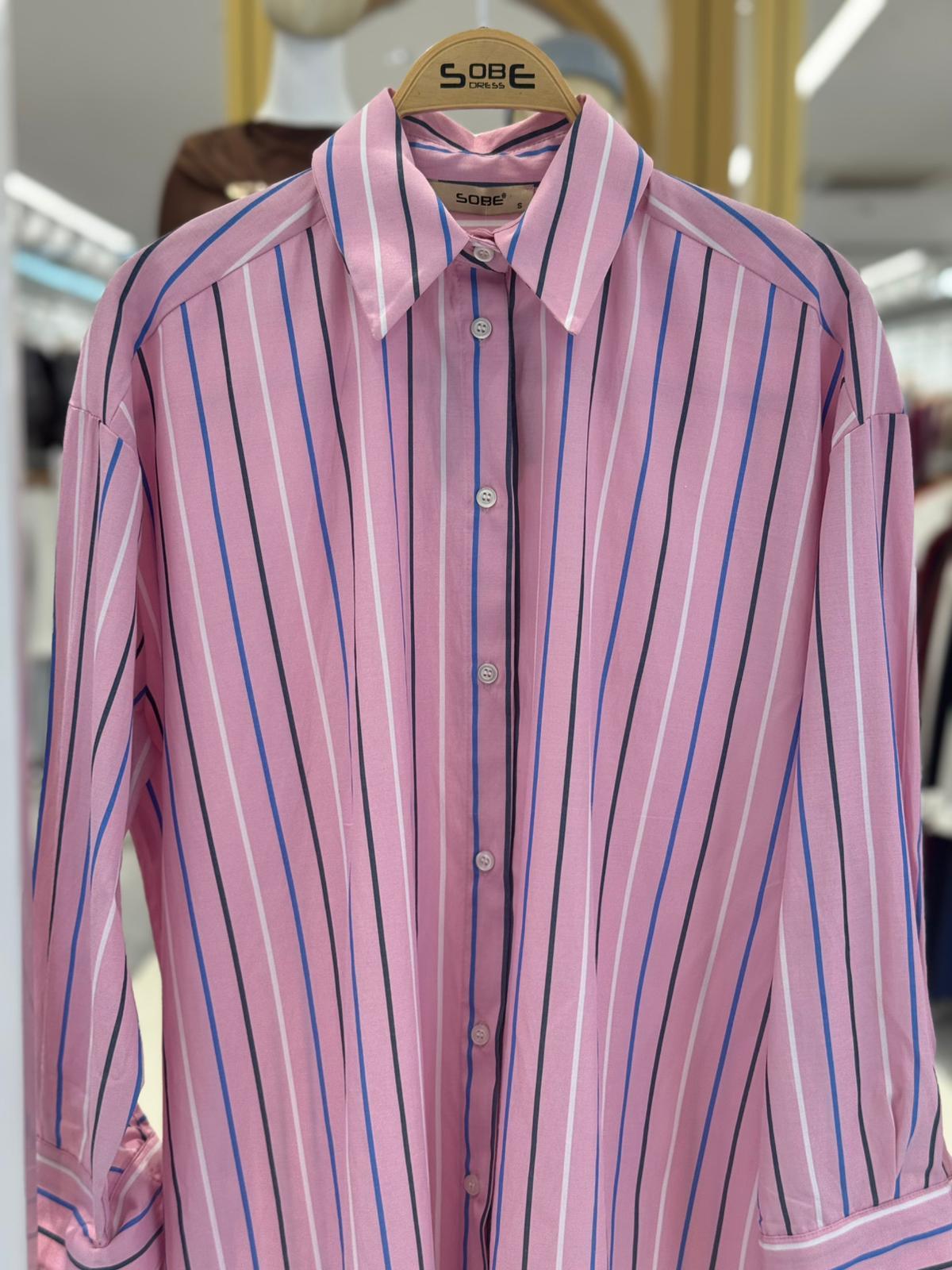 S5Y3451Çizgili Pembe Poplin Gömlek 3451