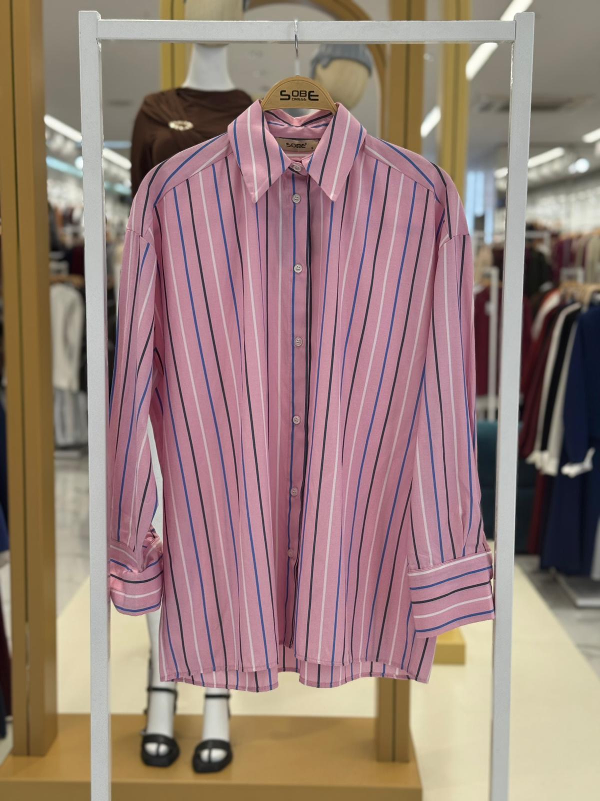 S5Y3451Çizgili Pembe Poplin Gömlek 3451