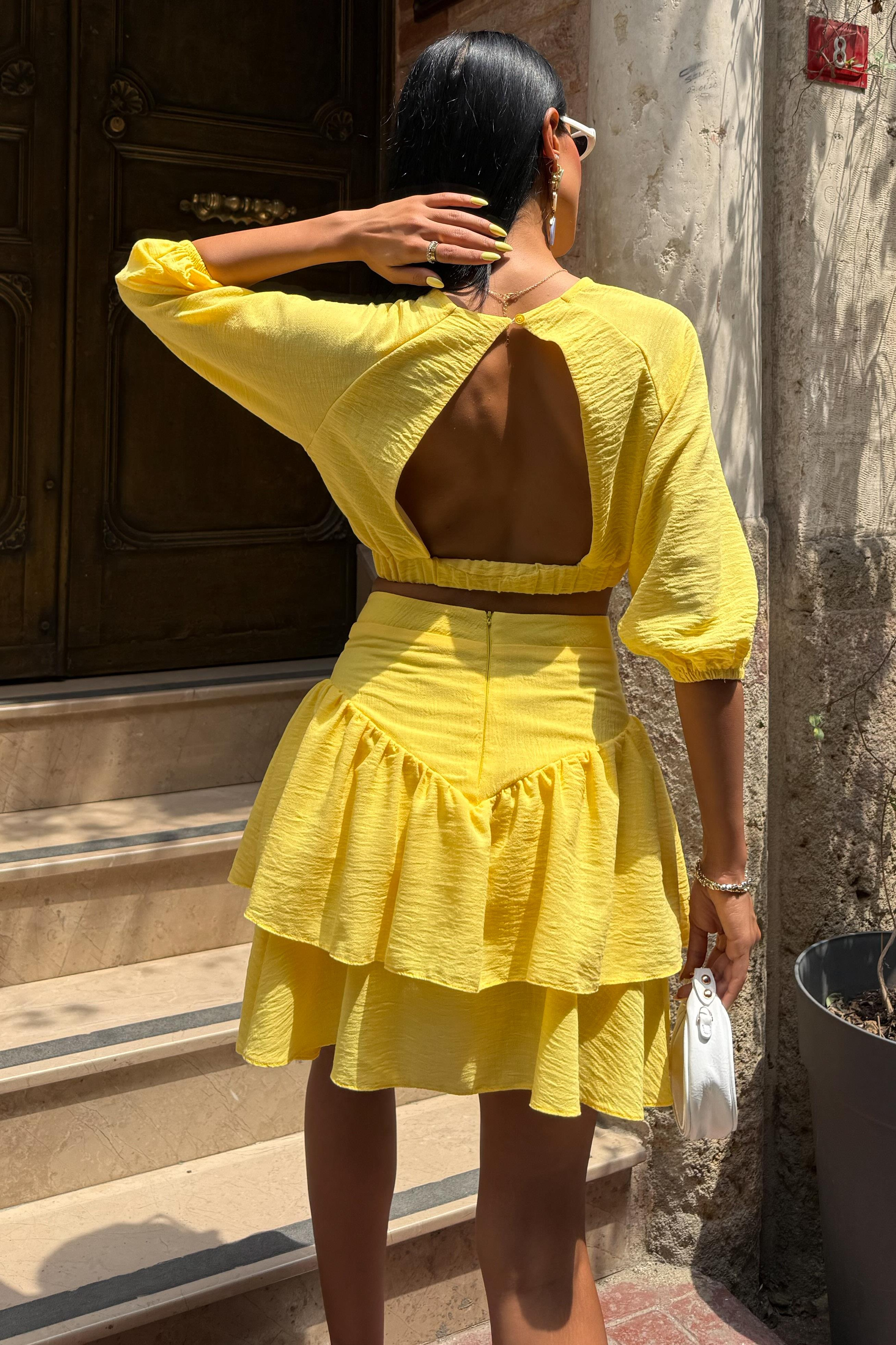 S5Y10207Crop Bluz ve Kat Kat Etekli Takım 10207