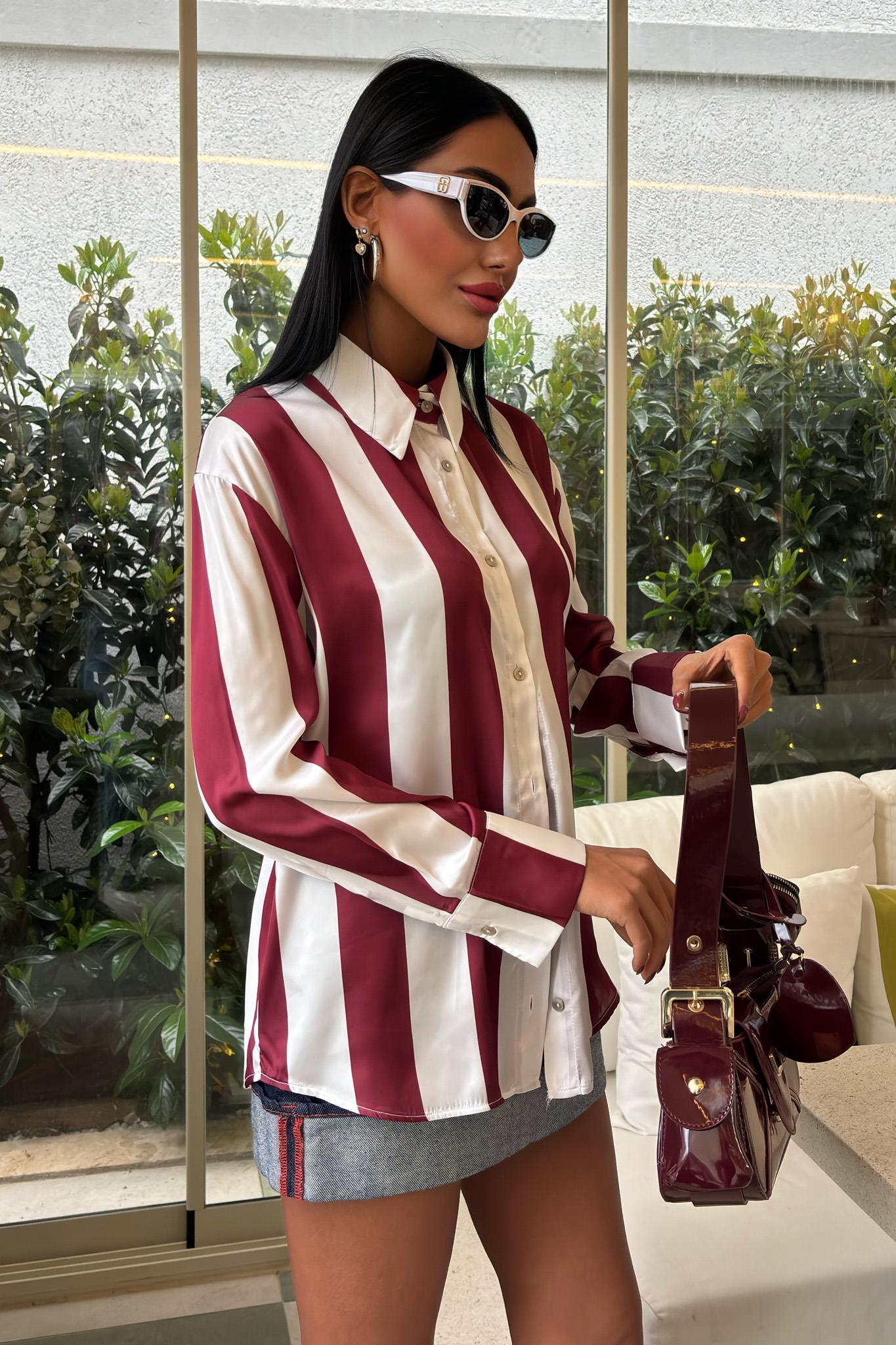 S5Y3428Çubuk Çizgili Şifon Saten Gömlek 3428
