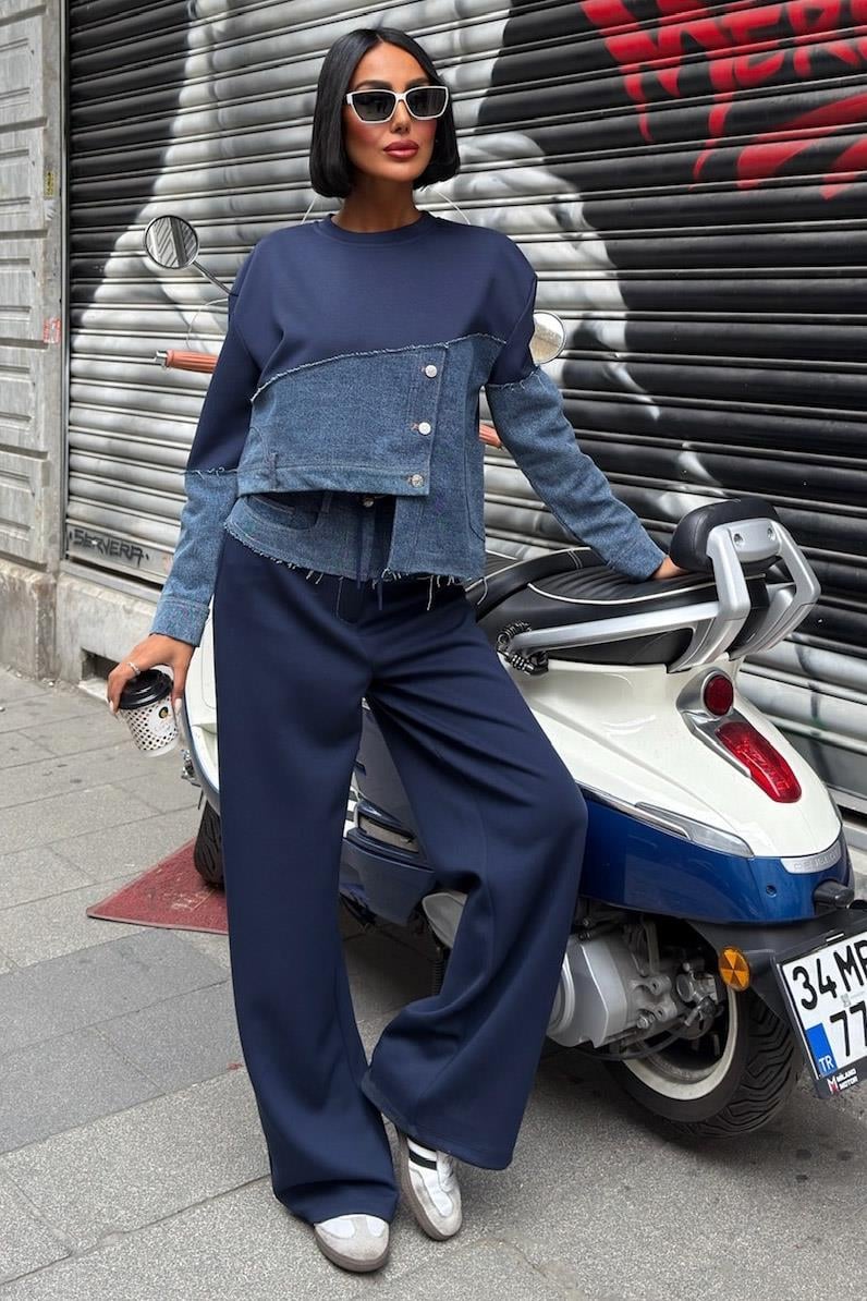 S6K10269Denim Garnili Asimetrik Modal Takım 10269