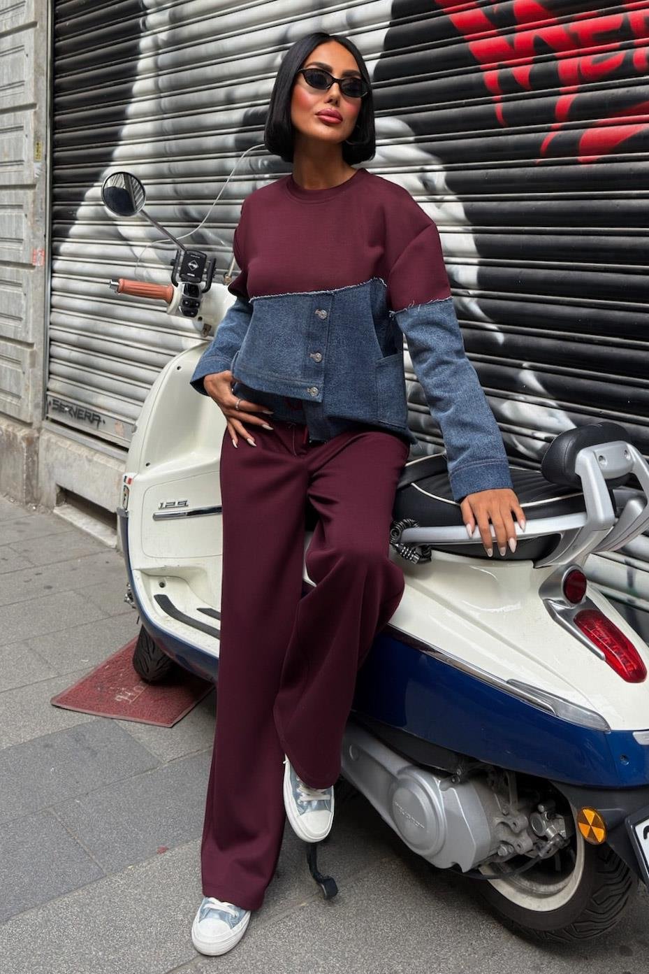 S6K10269Denim Garnili Asimetrik Modal Takım 10269