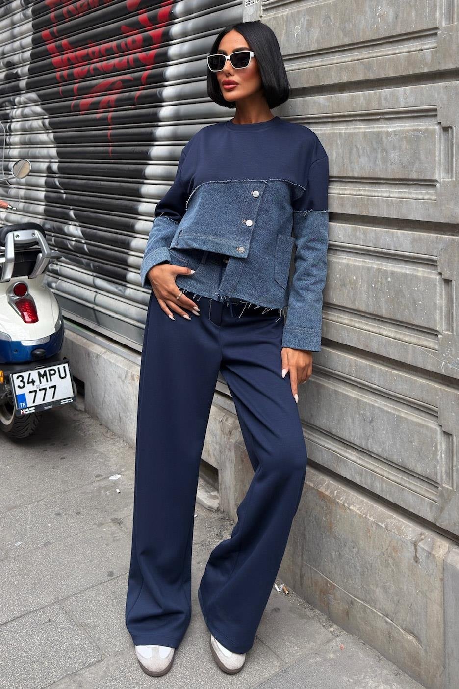 S6K10269Denim Garnili Asimetrik Modal Takım 10269