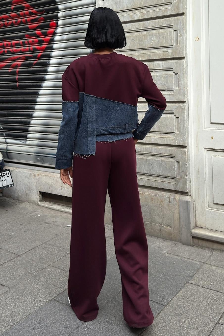 S6K10269Denim Garnili Asimetrik Modal Takım 10269